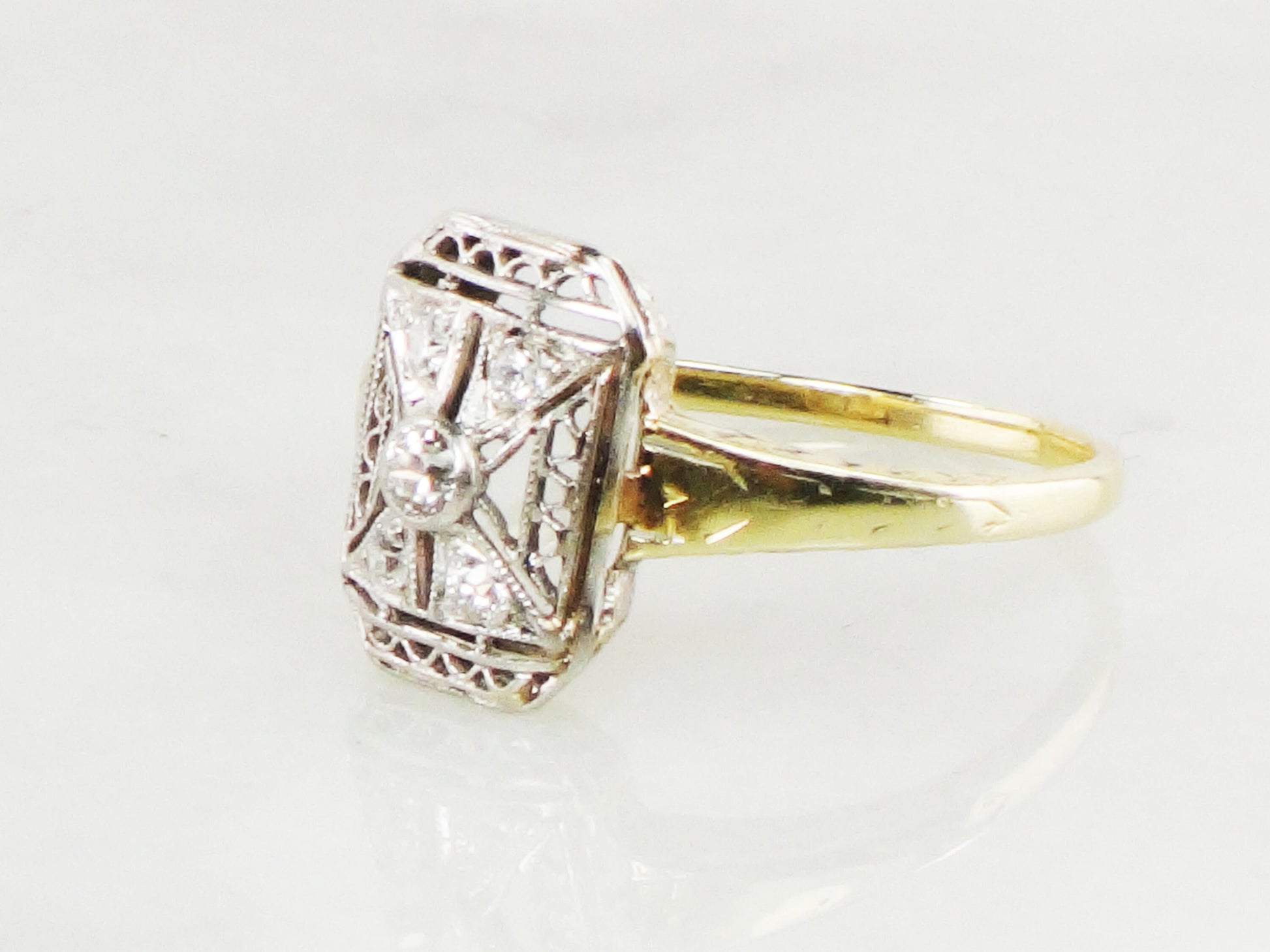 Antique 14k & Platinum Diamond Ring: 1920s Art Deco Old Mine Cut