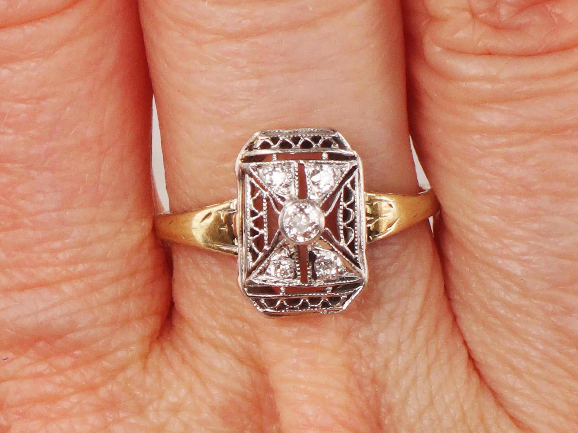Antique 14k & Platinum Diamond Ring: 1920s Art Deco Old Mine Cut