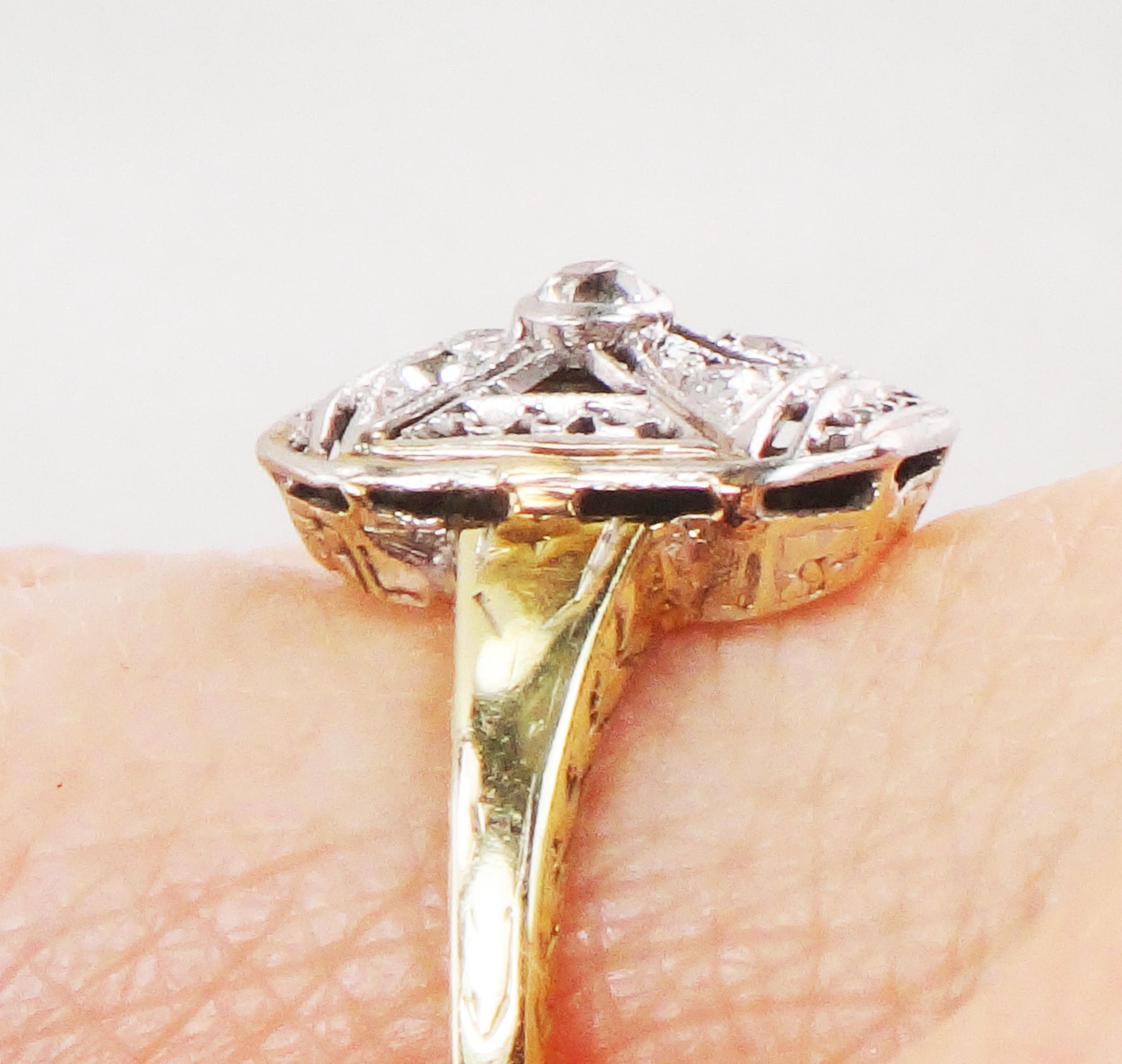 Antique 14k & Platinum Diamond Ring: 1920s Art Deco Old Mine Cut