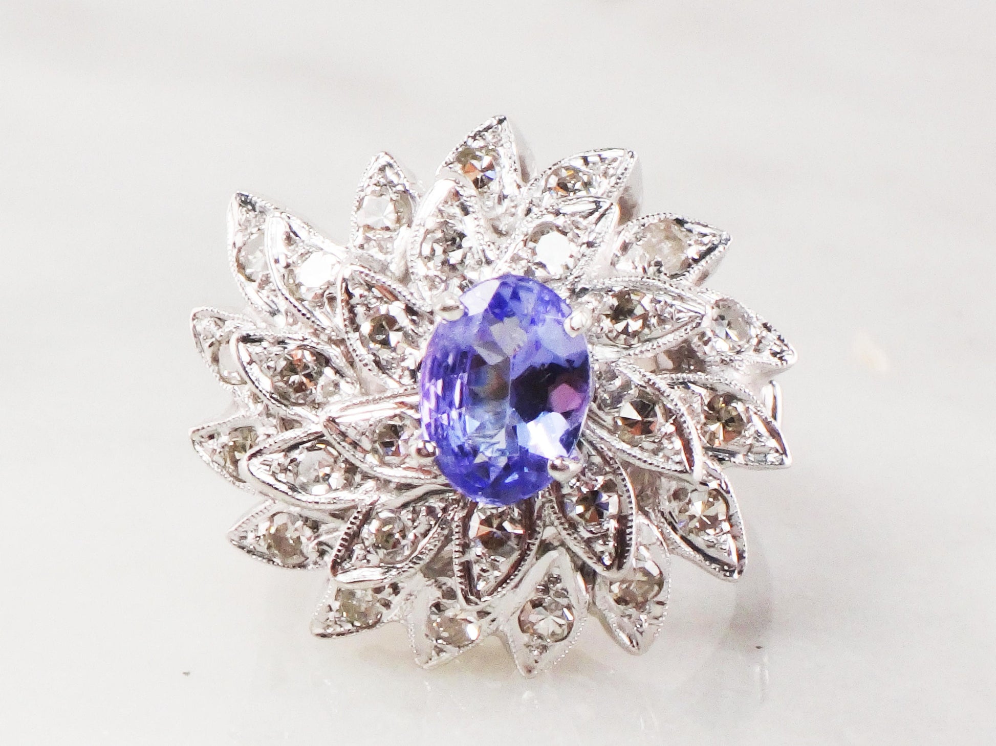 Vintage 14k White Gold Tanzanite and Diamond Ring Large Floral Cocktail Ring Natural Diamond and Tanzanite Dinner Ring