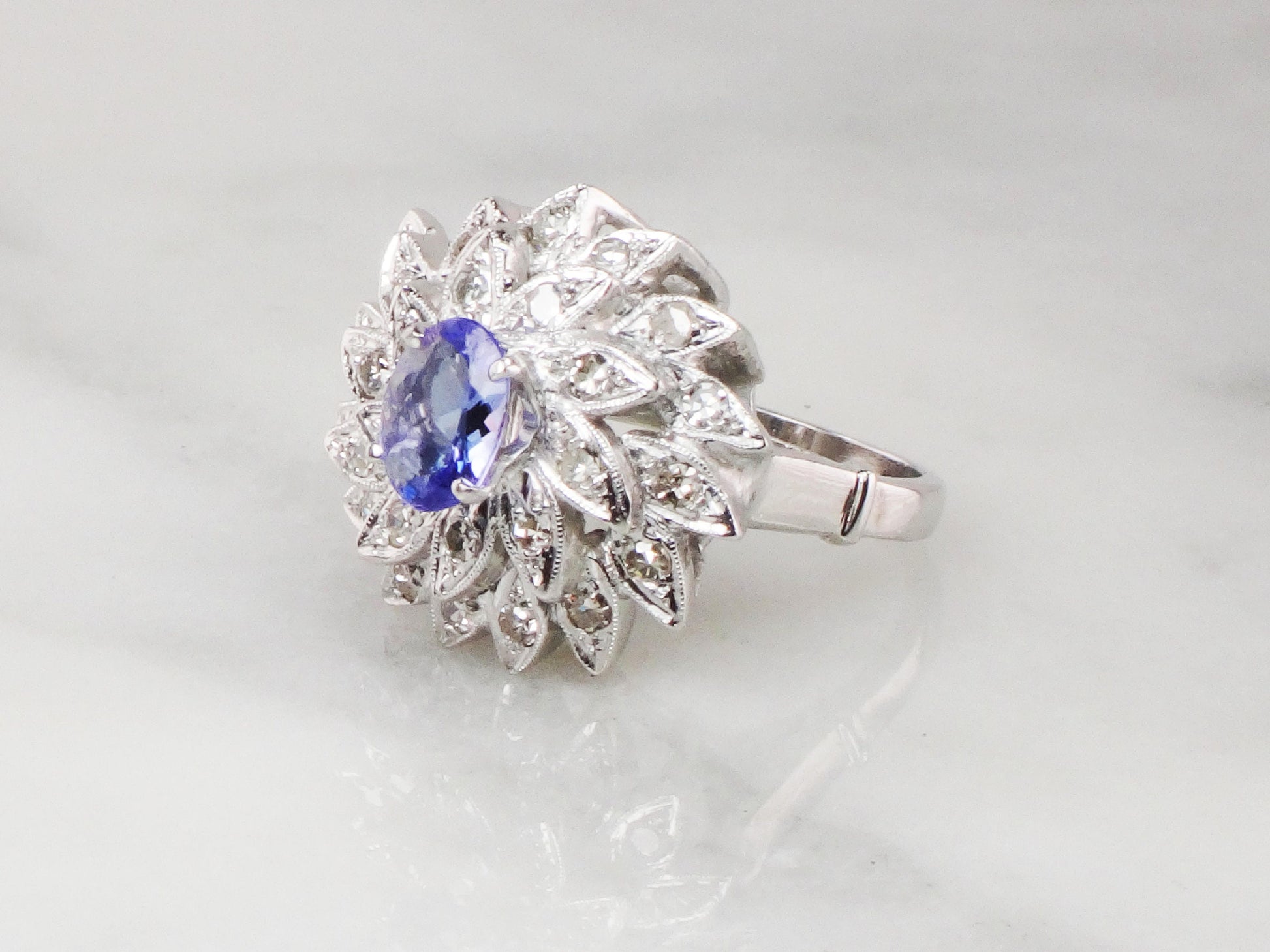 Vintage 14k White Gold Tanzanite Diamond Floral Cocktail Ring