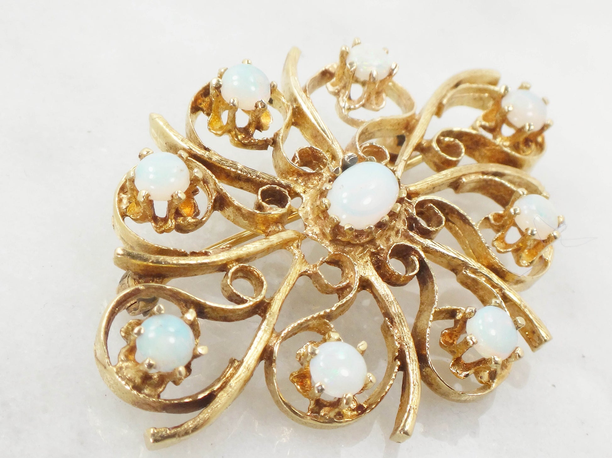 Vintage 14k Yellow Gold Opal Starburst Pin - October Birthstone