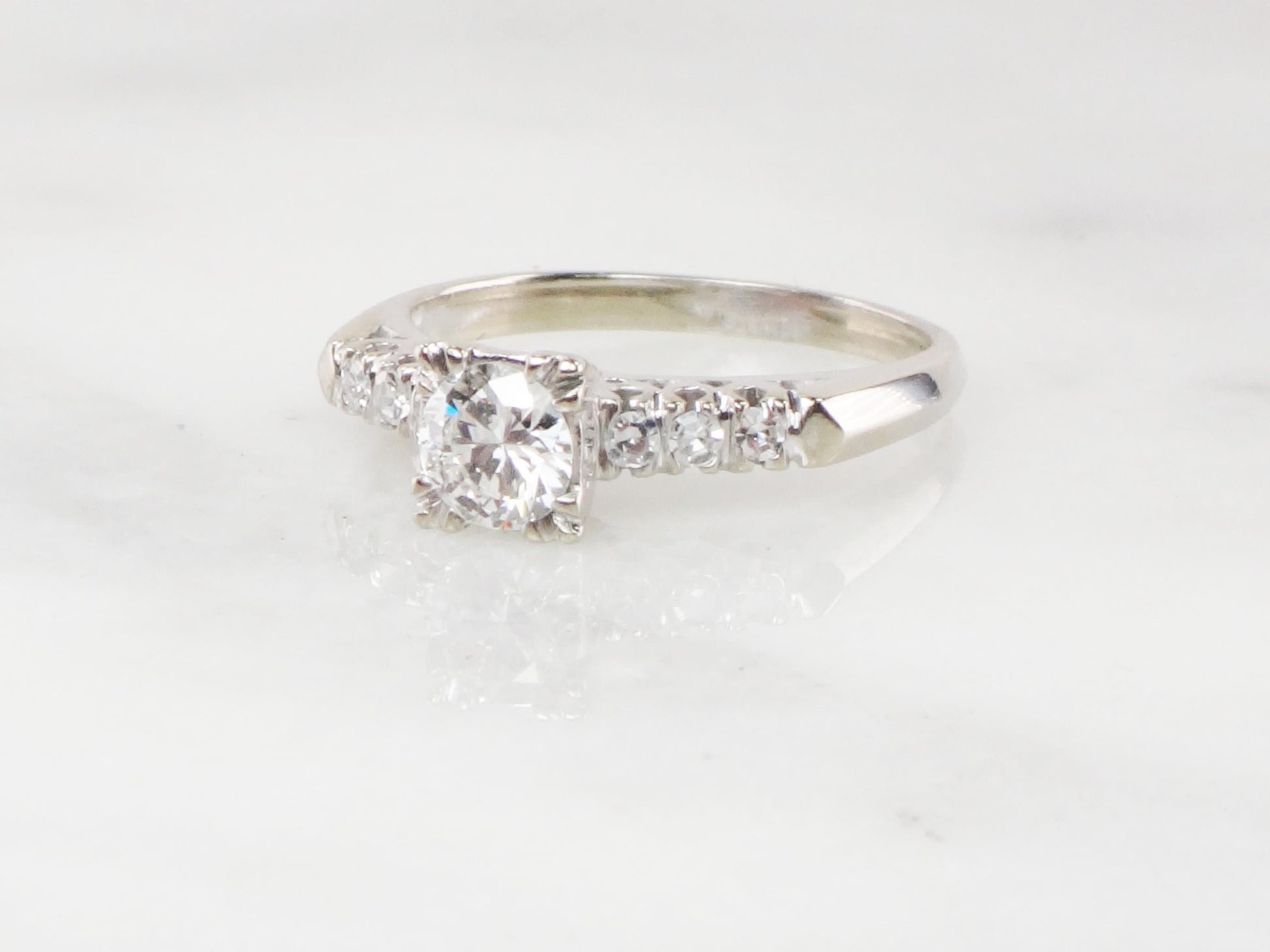 Vintage .55 Carat Diamond Engagement Ring: 14k White Gold, Size 6.5