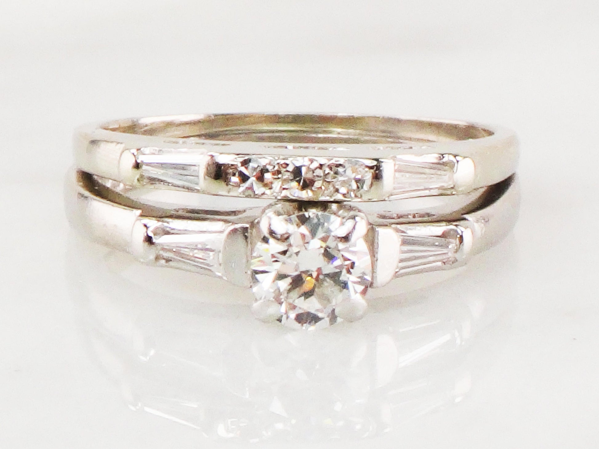 Vintage Diamond Wedding Ring Set: Platinum Engagement Ring, 14k Gold Band