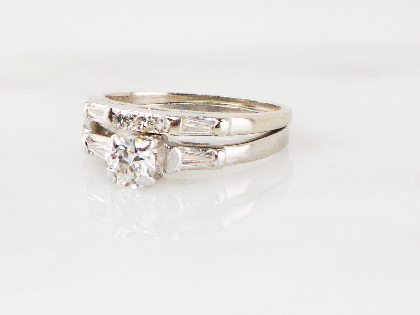 Vintage Diamond Wedding Ring Set: Platinum Engagement Ring, 14k Gold Band