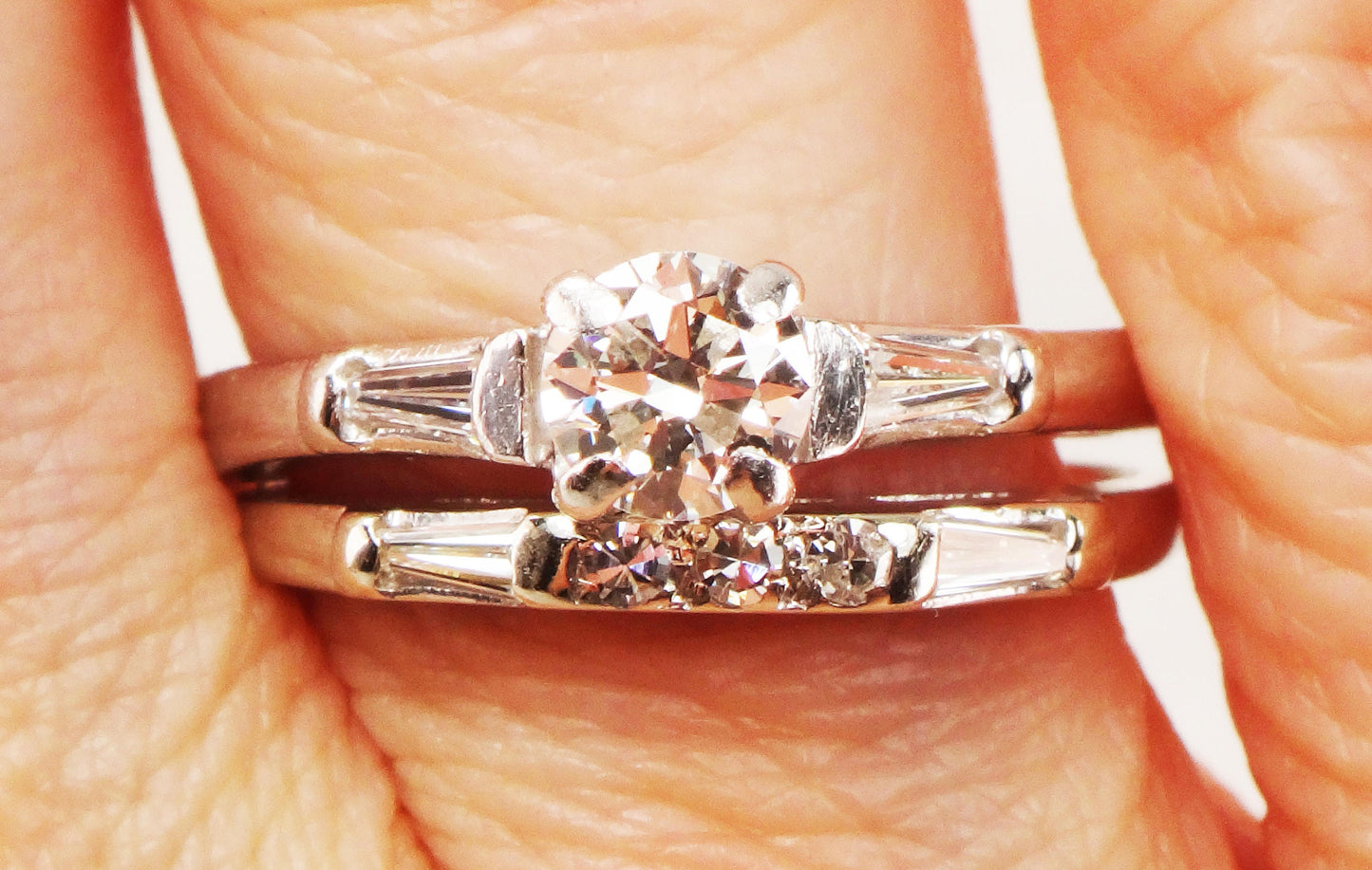 Vintage Diamond Wedding Ring Set: Platinum Engagement Ring, 14k Gold Band