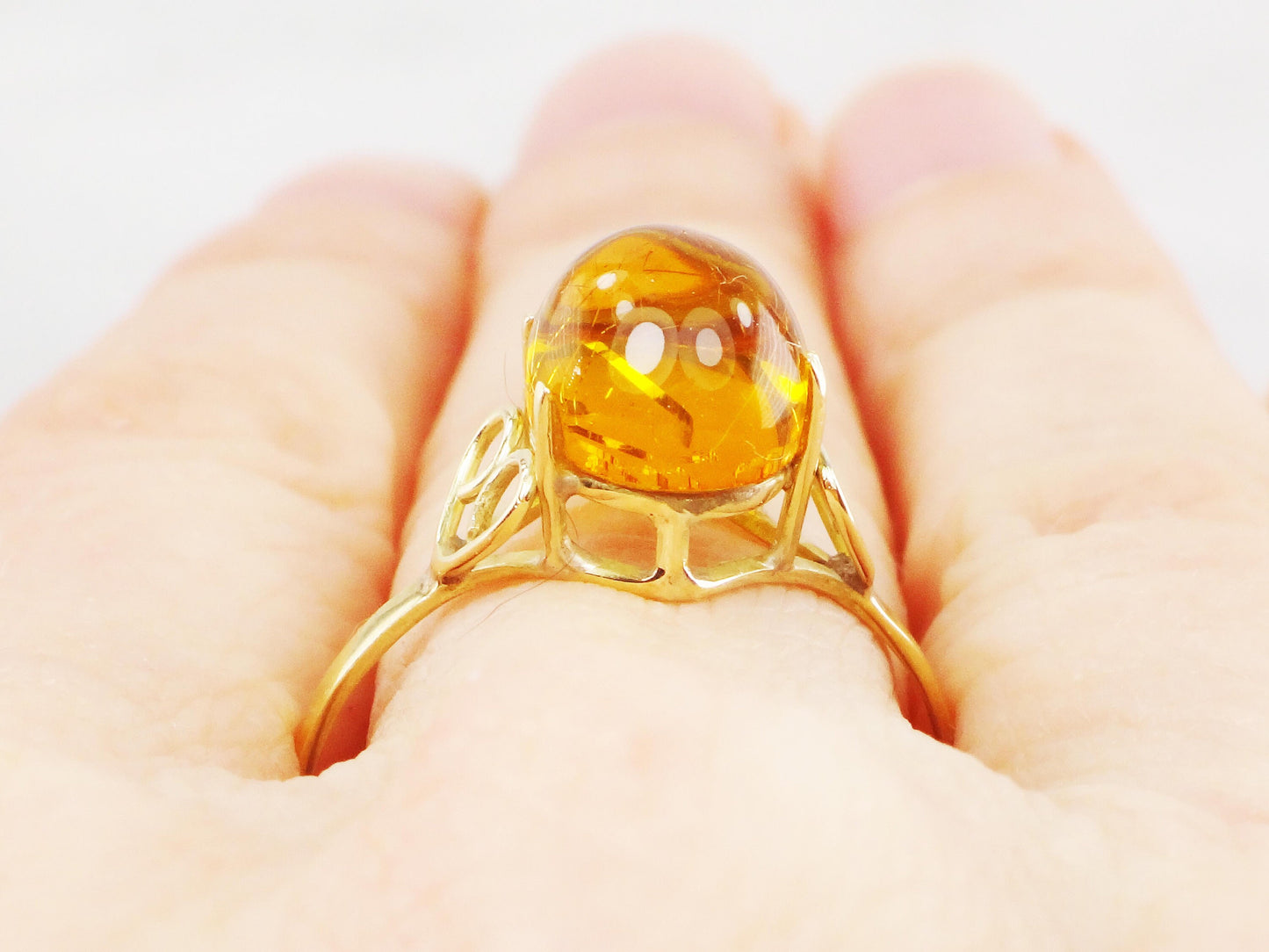 Vintage 14k Gold Amber Ring Handmade Amber Ring Honey Colored Amber Ring Minimalist Size 8 1/2