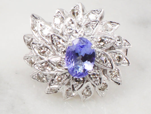 Vintage 14k White Gold Tanzanite and Diamond Ring Large Floral Cocktail Ring Natural Diamond and Tanzanite Dinner Ring