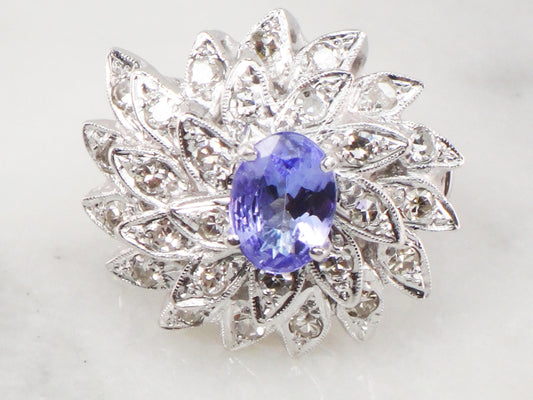 Vintage 14k White Gold Tanzanite Diamond Floral Cocktail Ring
