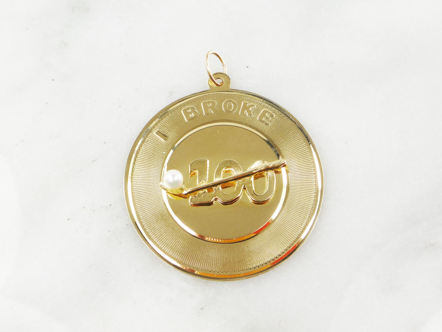 Vintage 14k Yellow Gold "I Broke 100" Golf Pearl Pendant: Charm