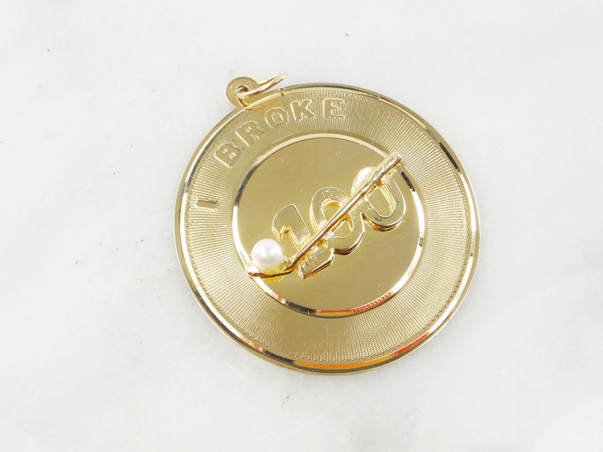 Vintage 14k Yellow Gold "I Broke 100" Golf Pearl Pendant: Charm