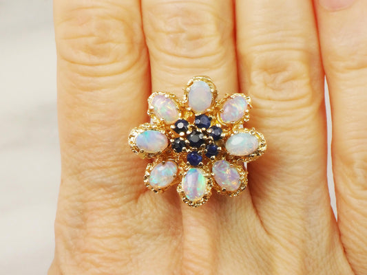 Vintage 14k Yellow Gold Natural Opal and Sapphire Cluster Ring - Floral Fiery Opal Ring - October Birthstone Size 6.5