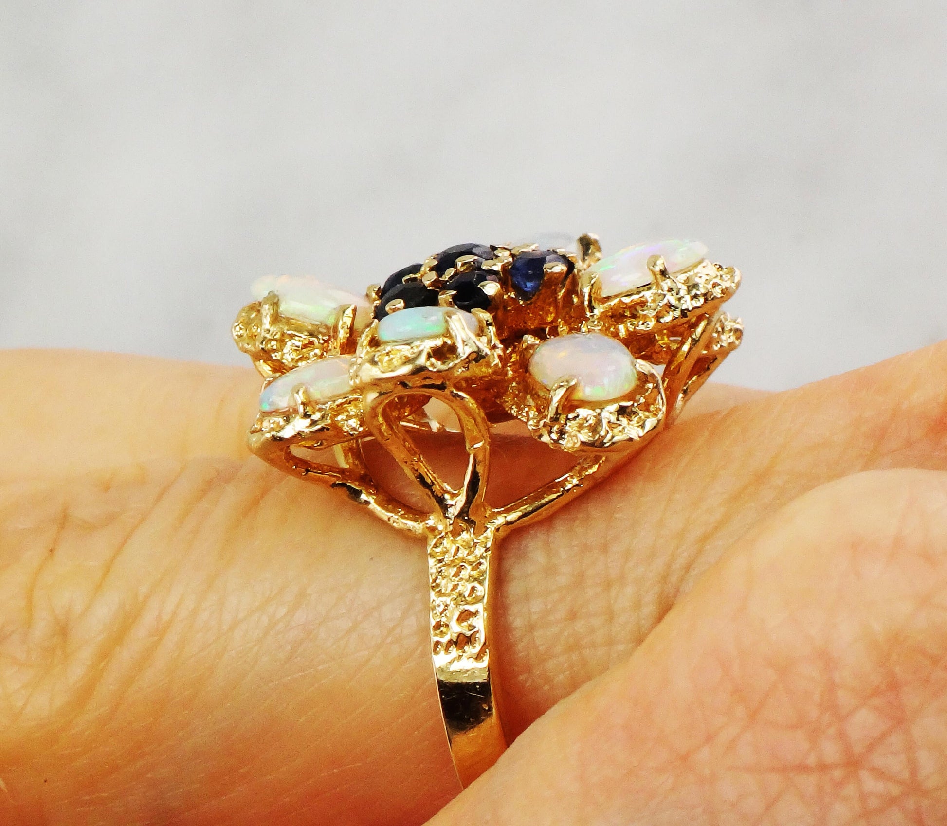 Vintage 14k Yellow Gold Natural Opal and Sapphire Cluster Ring - Floral Fiery Opal Ring - October Birthstone Size 6.5
