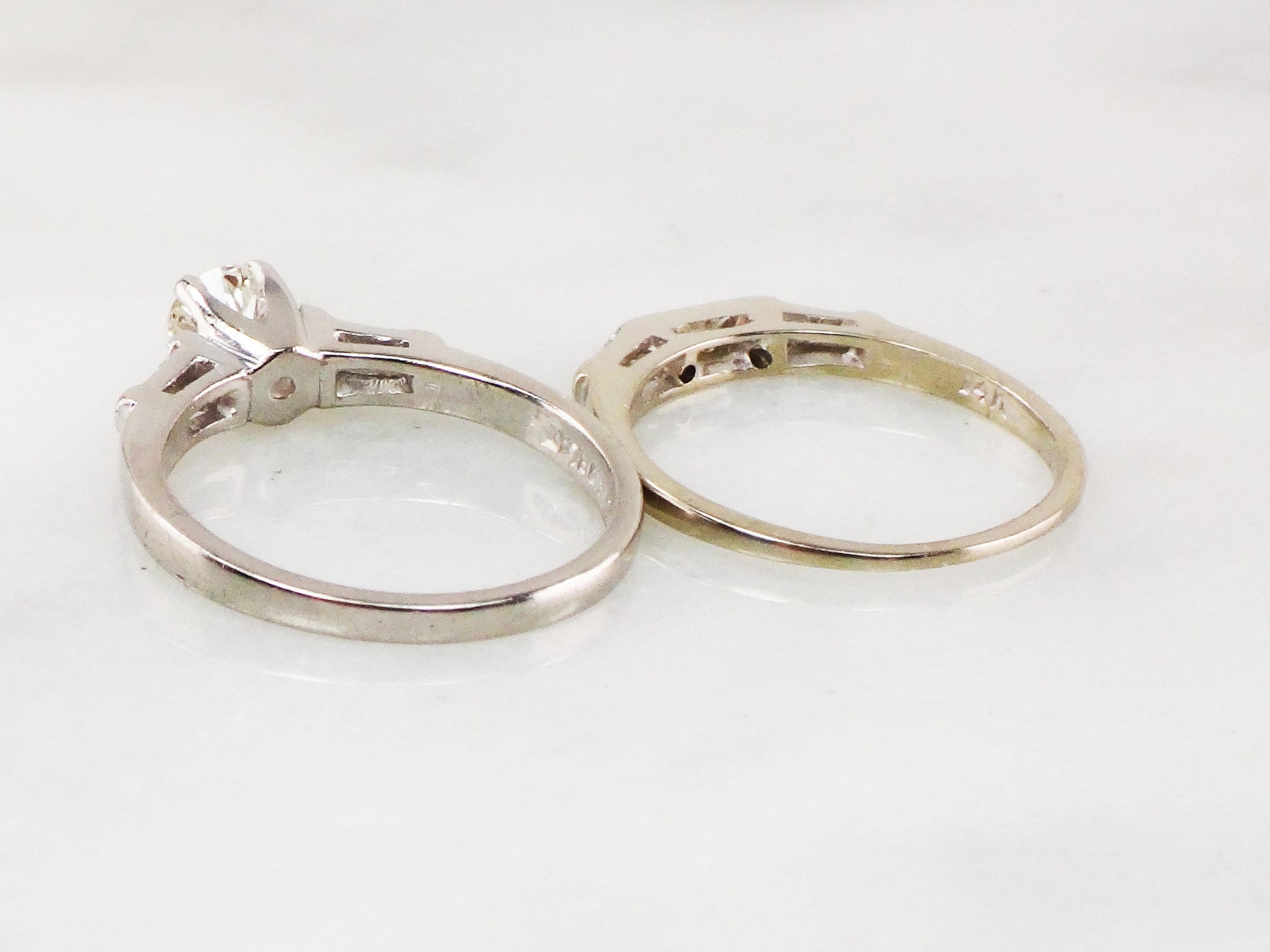 Vintage Diamond Wedding Ring Set: Platinum Engagement Ring, 14k Gold Band