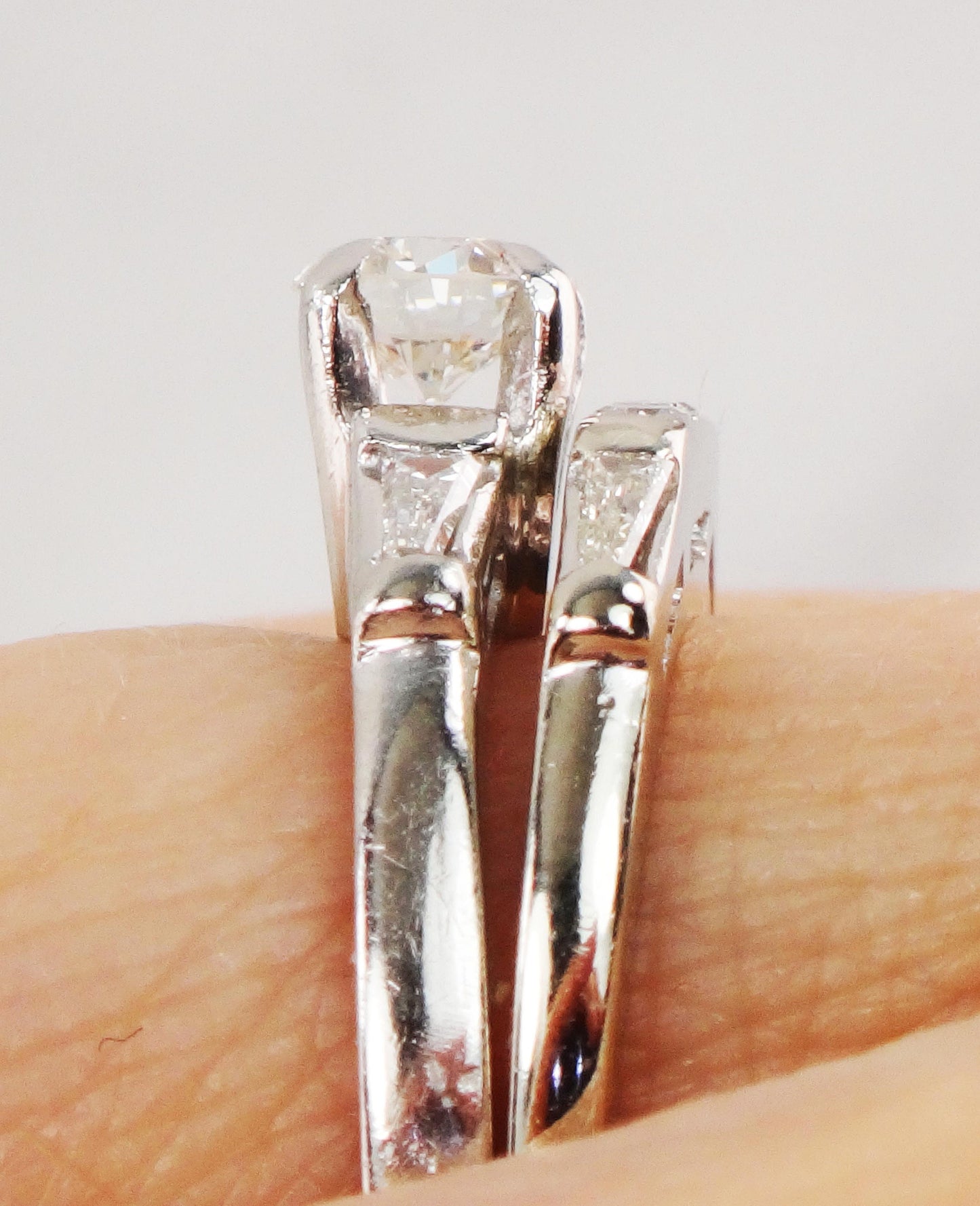 Vintage Diamond Wedding Ring Set: Platinum Engagement Ring, 14k Gold Band