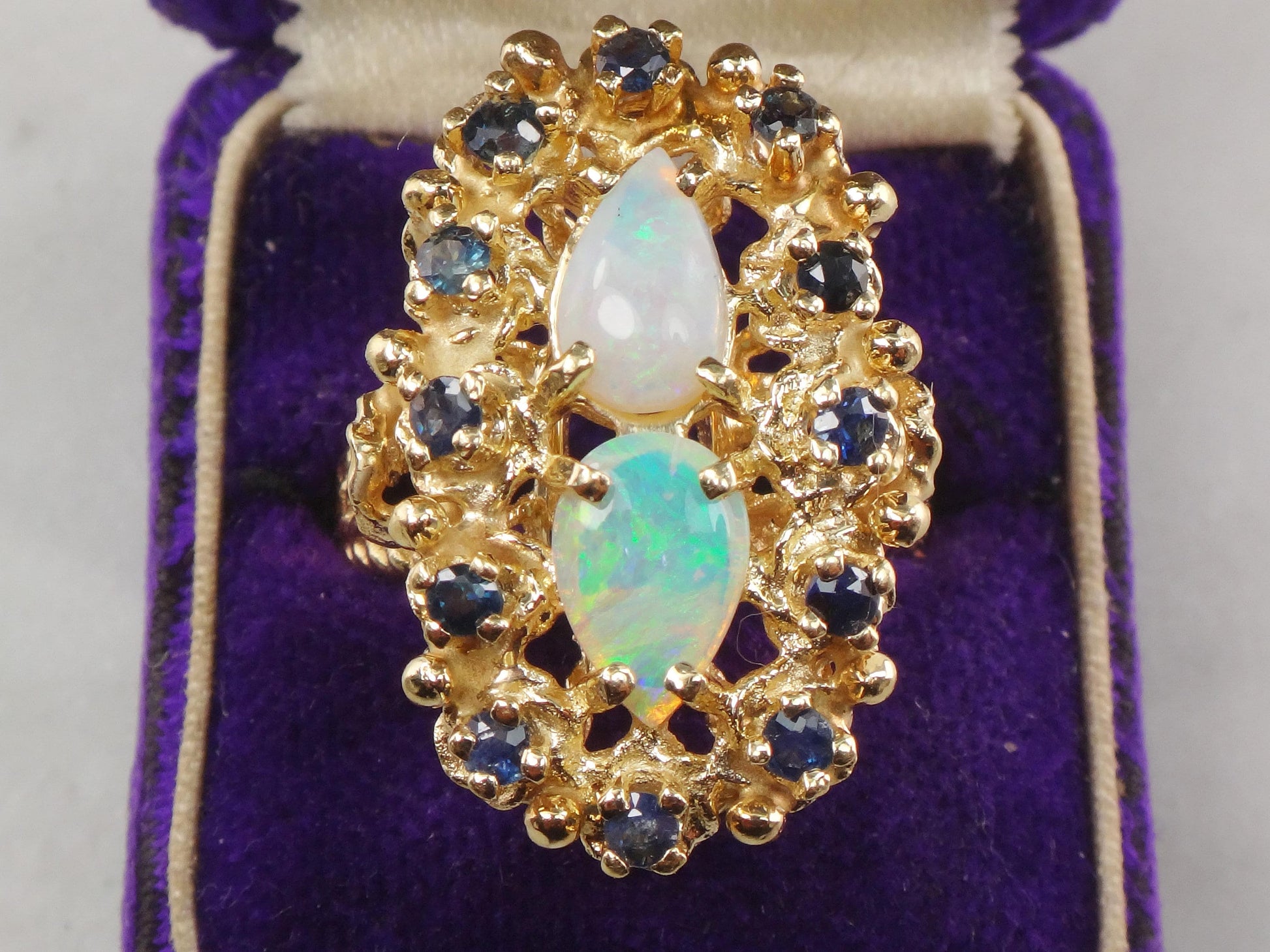 Vintage 14k Yellow Gold Natural Opal and Sapphire Ring, October Birthstone