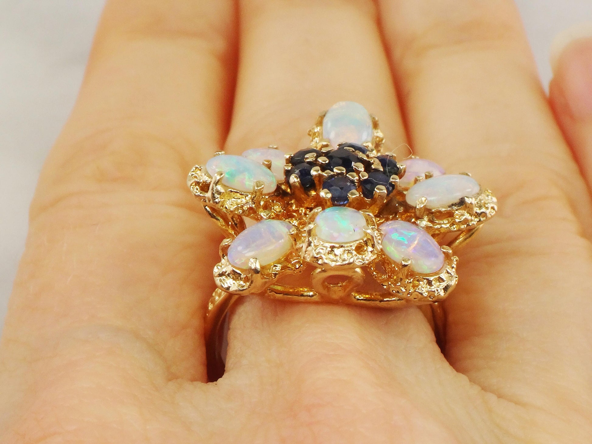 Vintage 14k Yellow Gold Natural Opal and Sapphire Cluster Ring - Floral Fiery Opal Ring - October Birthstone Size 6.5