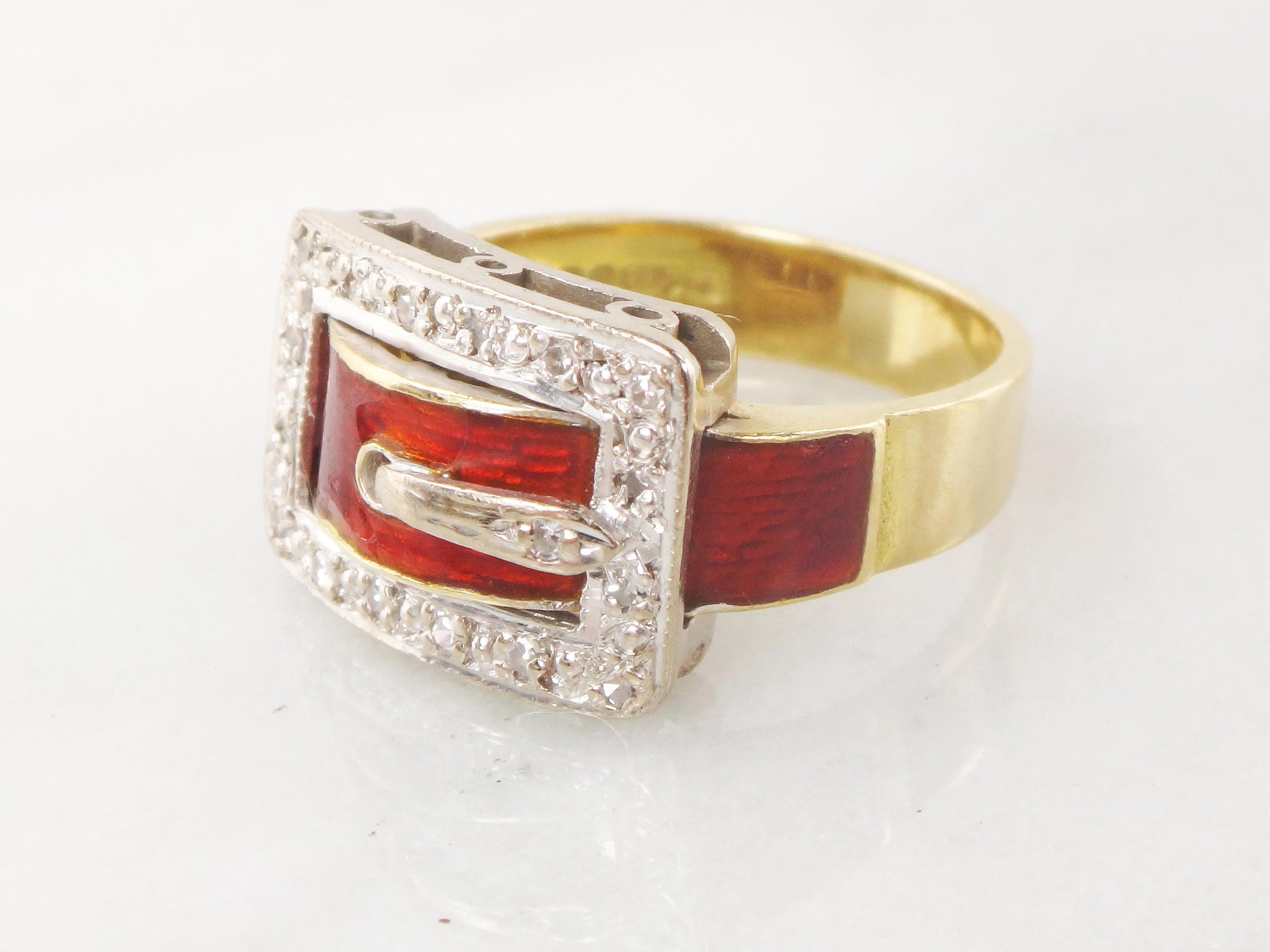 Vintage 18k Gold Diamond Buckle Ring with Red Enamel Hallmarked London England Buckle Wedding Band Wedding Ring Size 5.5