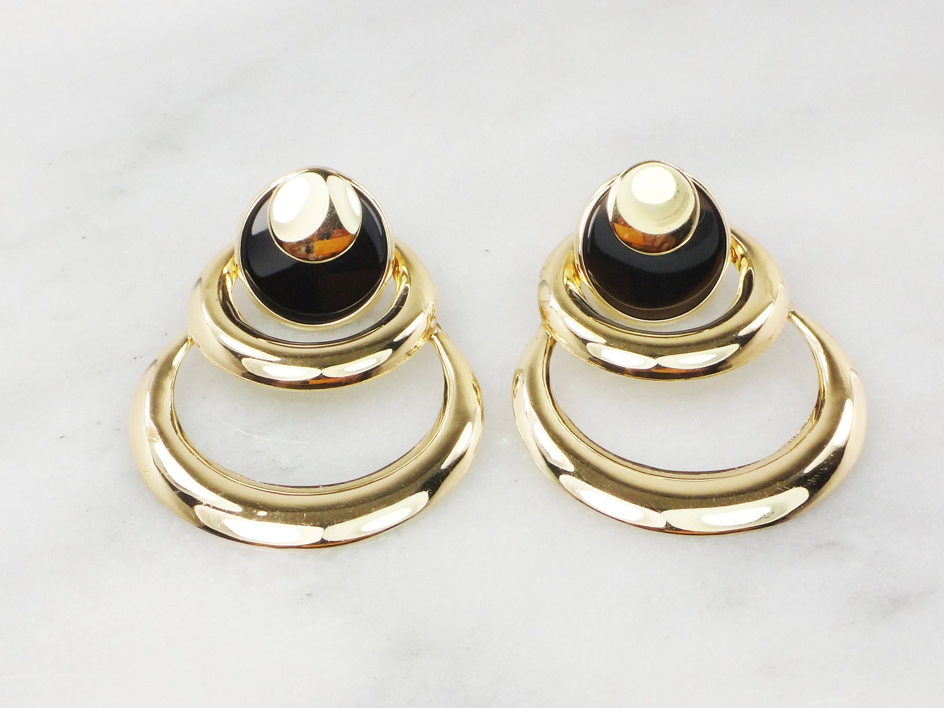 Large 14k Yellow Gold Circles and Onyx Dangle Earrings - Vintage Circa 1980's Fine Jewelry