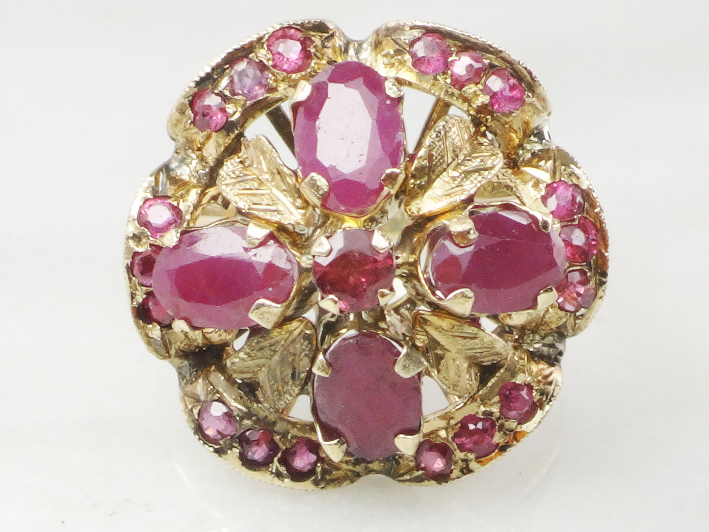 Vintage 14k Yellow Gold Natural Ruby Ring with Red Spinel Accents Everyday Right Hand Floral Cluster Ring