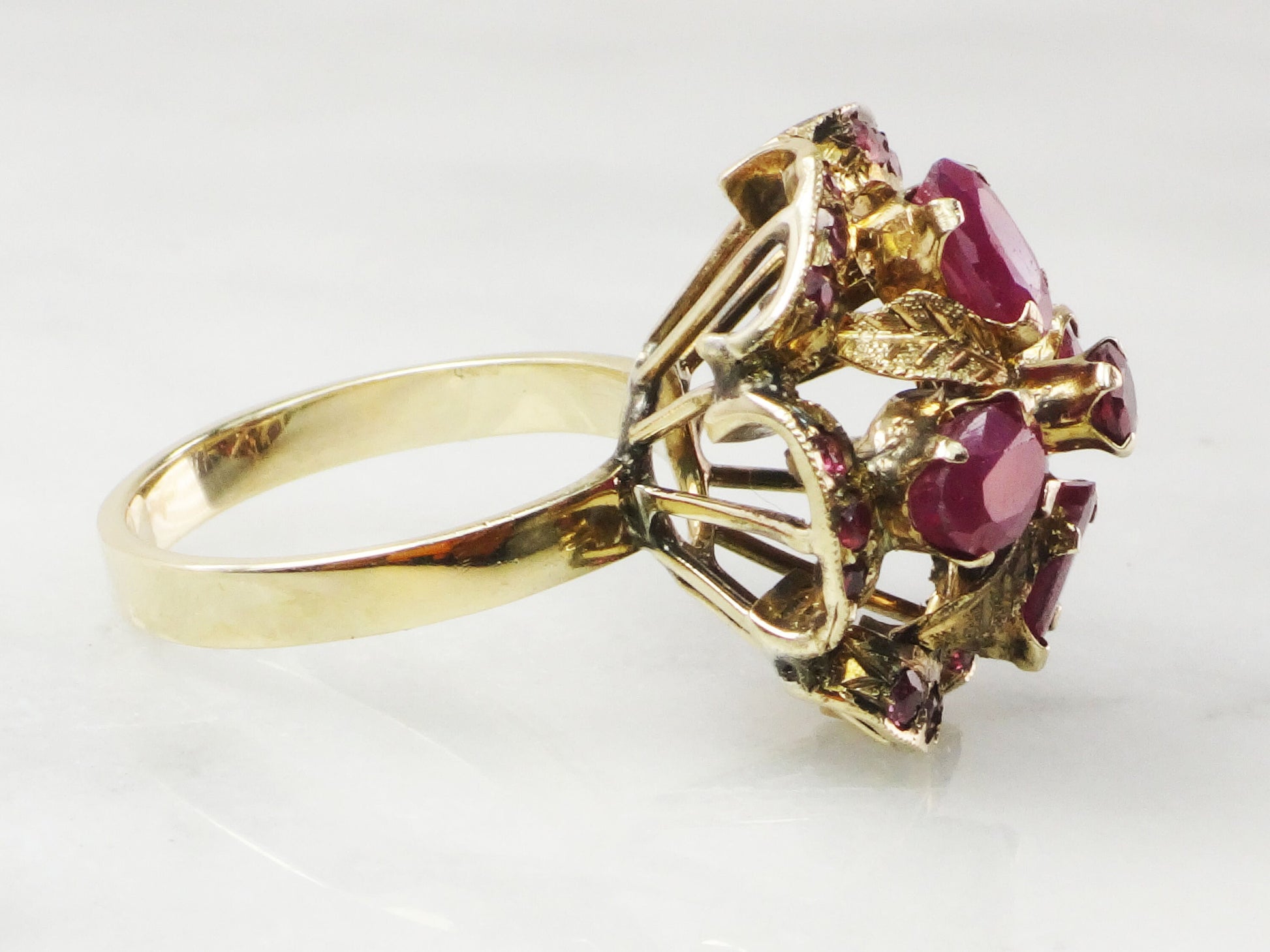 Vintage 14k Yellow Gold Natural Ruby Ring with Red Spinel Accents Everyday Right Hand Floral Cluster Ring