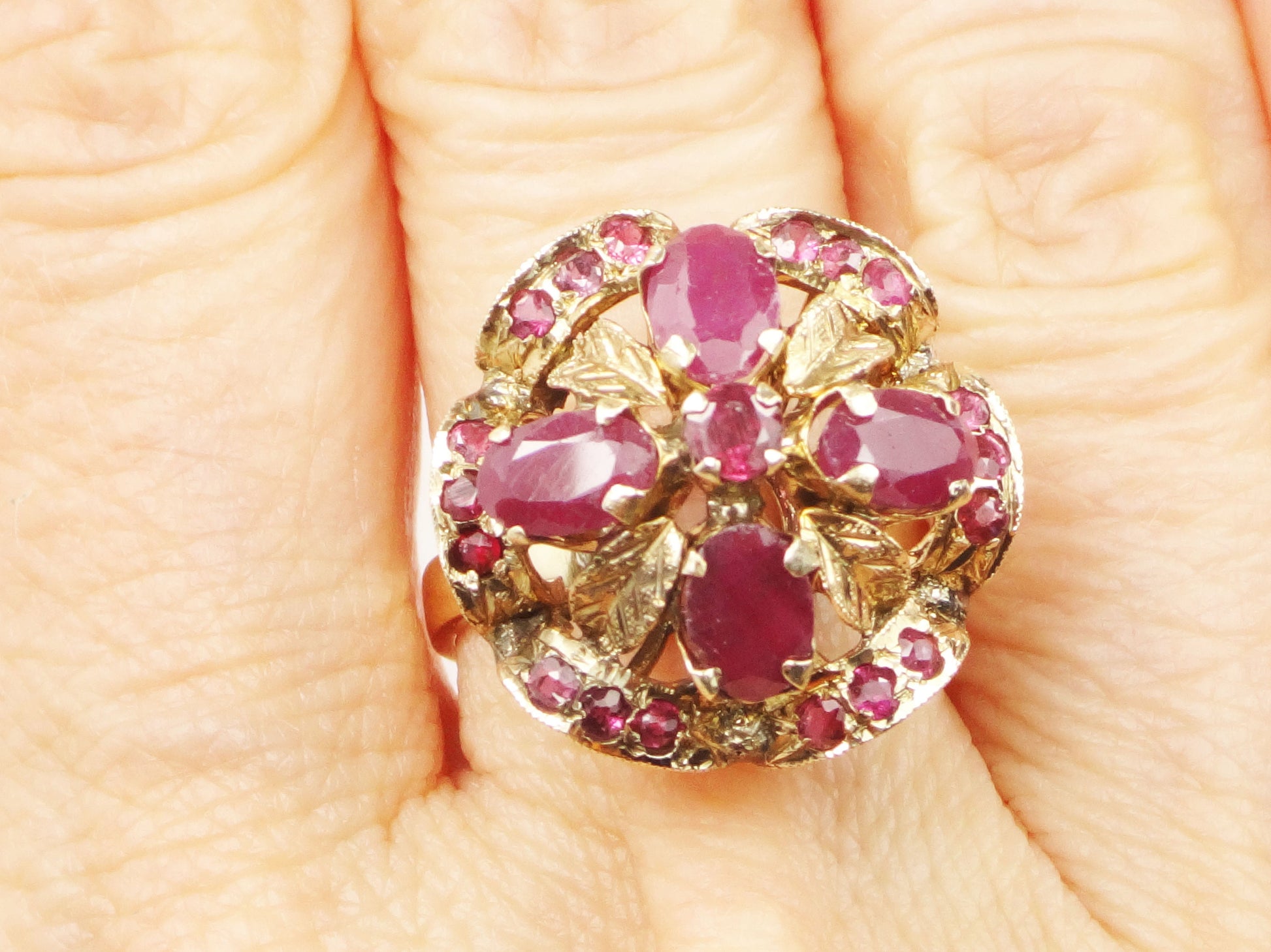 Vintage 14k Yellow Gold Natural Ruby Ring with Red Spinel Accents Everyday Right Hand Floral Cluster Ring