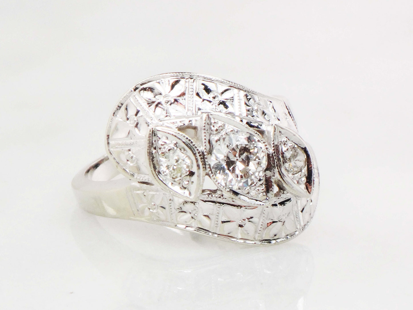 Vintage 14k White Gold Natural Diamond Orange Blossom Ring Circa 1940s Alternative Engagement Ring