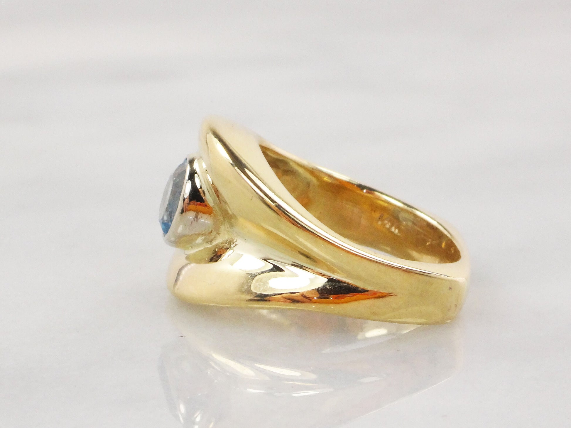 Vintage Wide 14k Yellow Gold Blue Topaz Ring December Birthstone Ring Solid Gold Cigar Band Ring