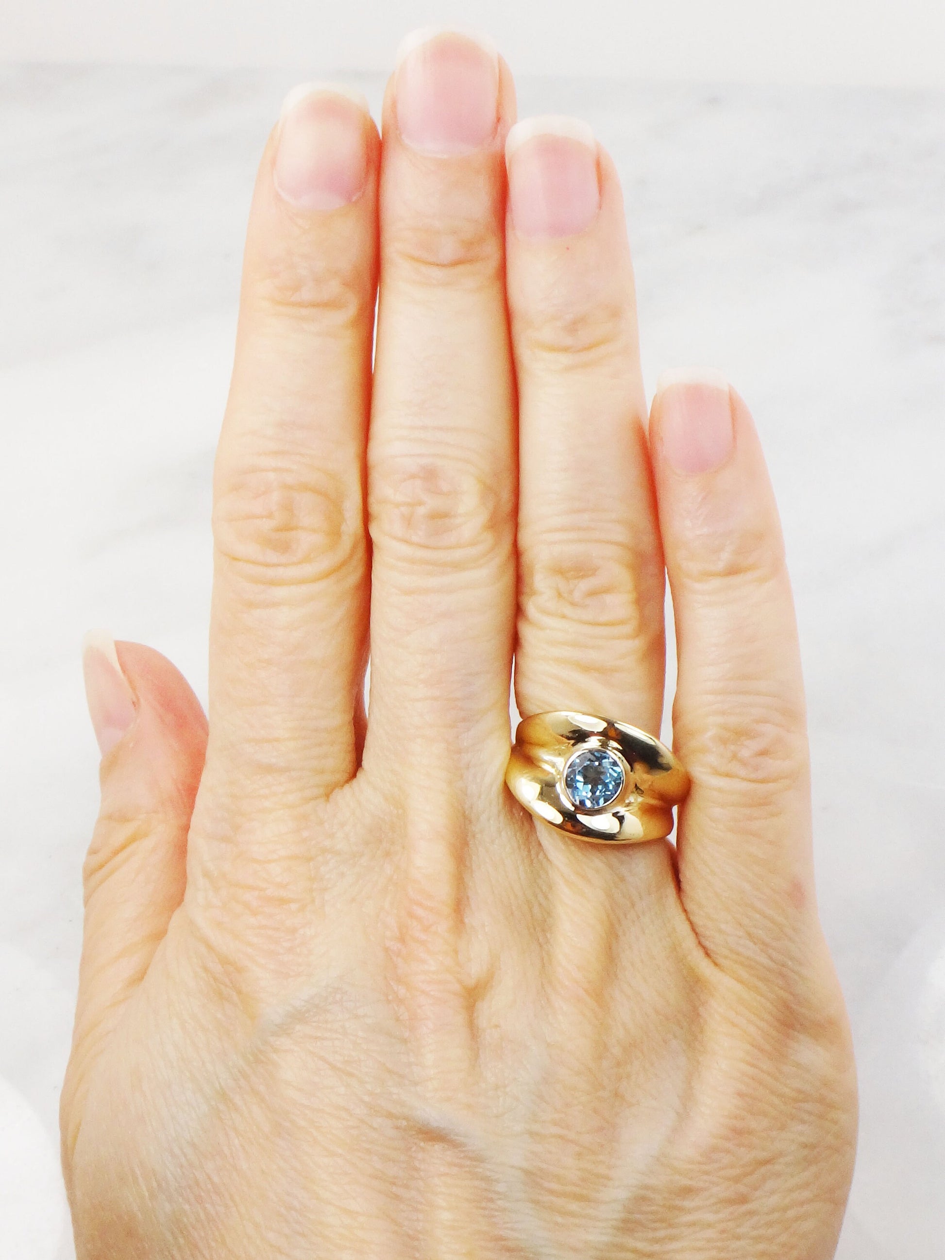 Vintage Wide 14k Yellow Gold Blue Topaz Ring December Birthstone Ring Solid Gold Cigar Band Ring