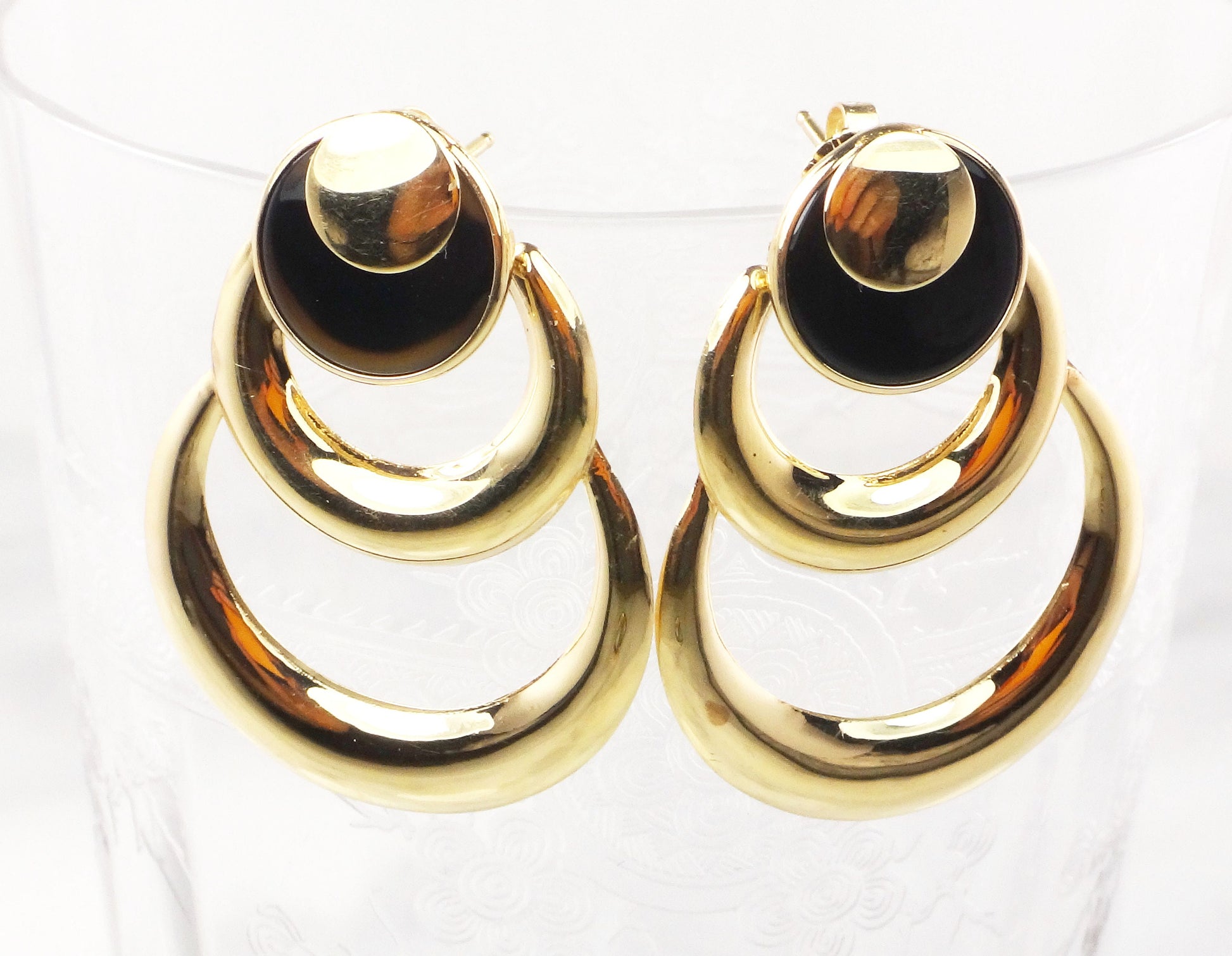 Large 14k Yellow Gold Circles and Onyx Dangle Earrings - Vintage Circa 1980's Fine Jewelry