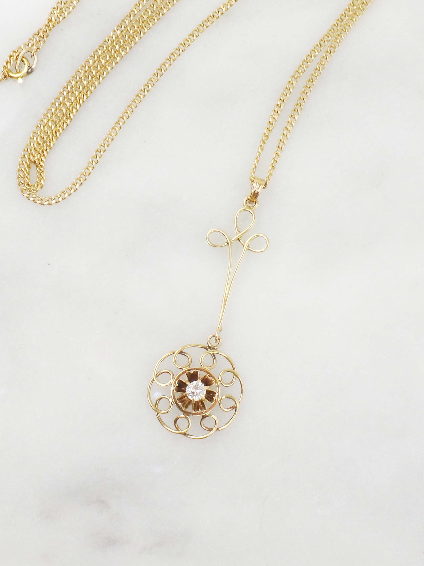Vintage Transitional Old Mine Cut Natural Diamond Lavalier Necklace with 14k Curb Link Chain Belle Epoque Antique Diamond Pendant