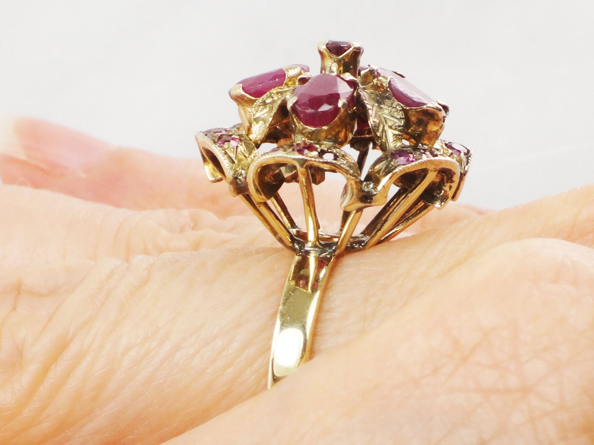 Vintage 14k Yellow Gold Natural Ruby Ring with Red Spinel Accents Everyday Right Hand Floral Cluster Ring