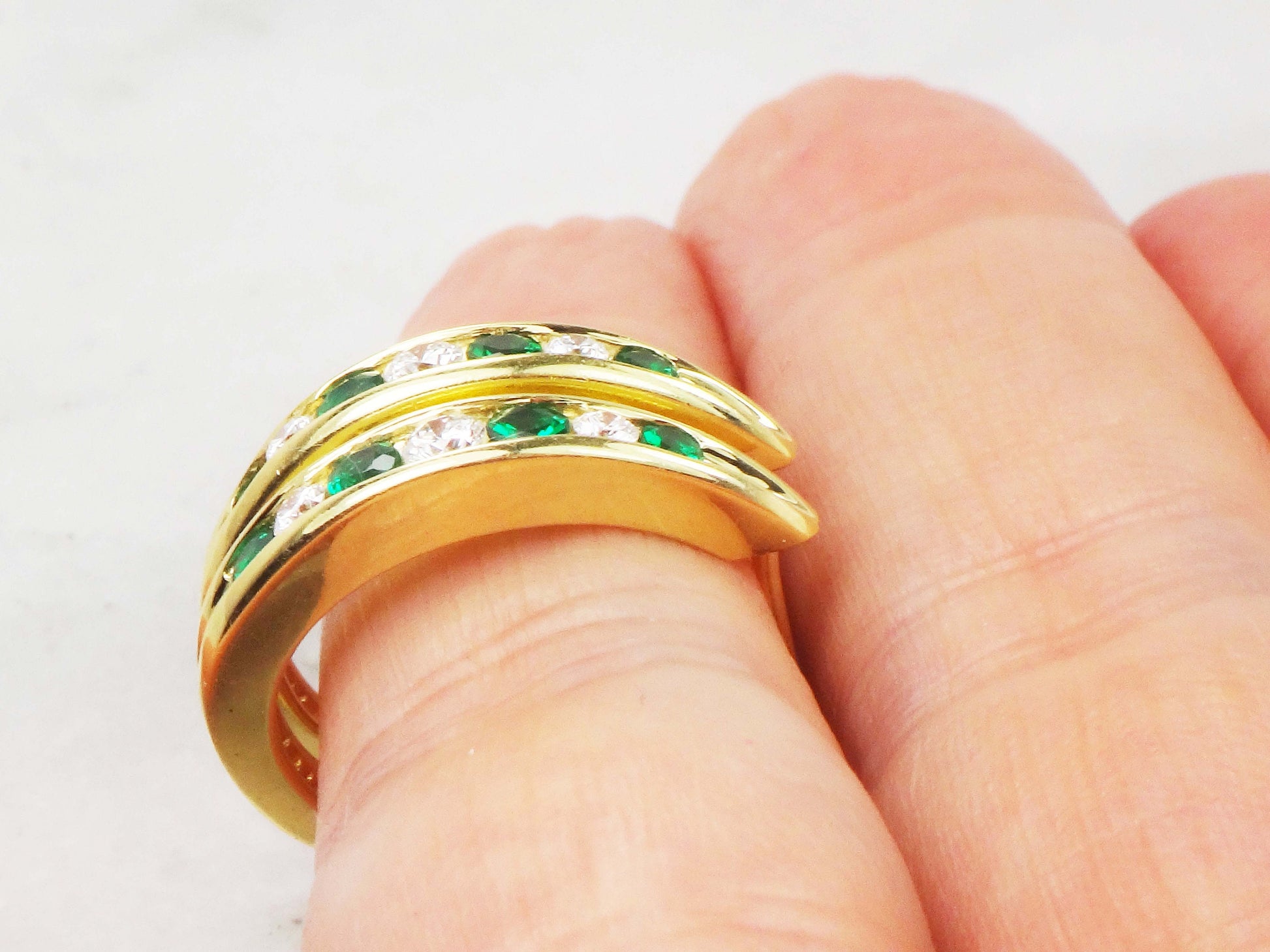 Vintage 18k Yellow Gold Natural Diamond and Emerald Green Glass Earrings Half Hoop Diamond Earrings May Birthstone Earrings