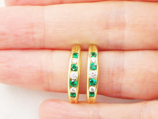 Vintage 18k Yellow Gold Natural Diamond and Emerald Green Glass Earrings Half Hoop Diamond Earrings May Birthstone Earrings