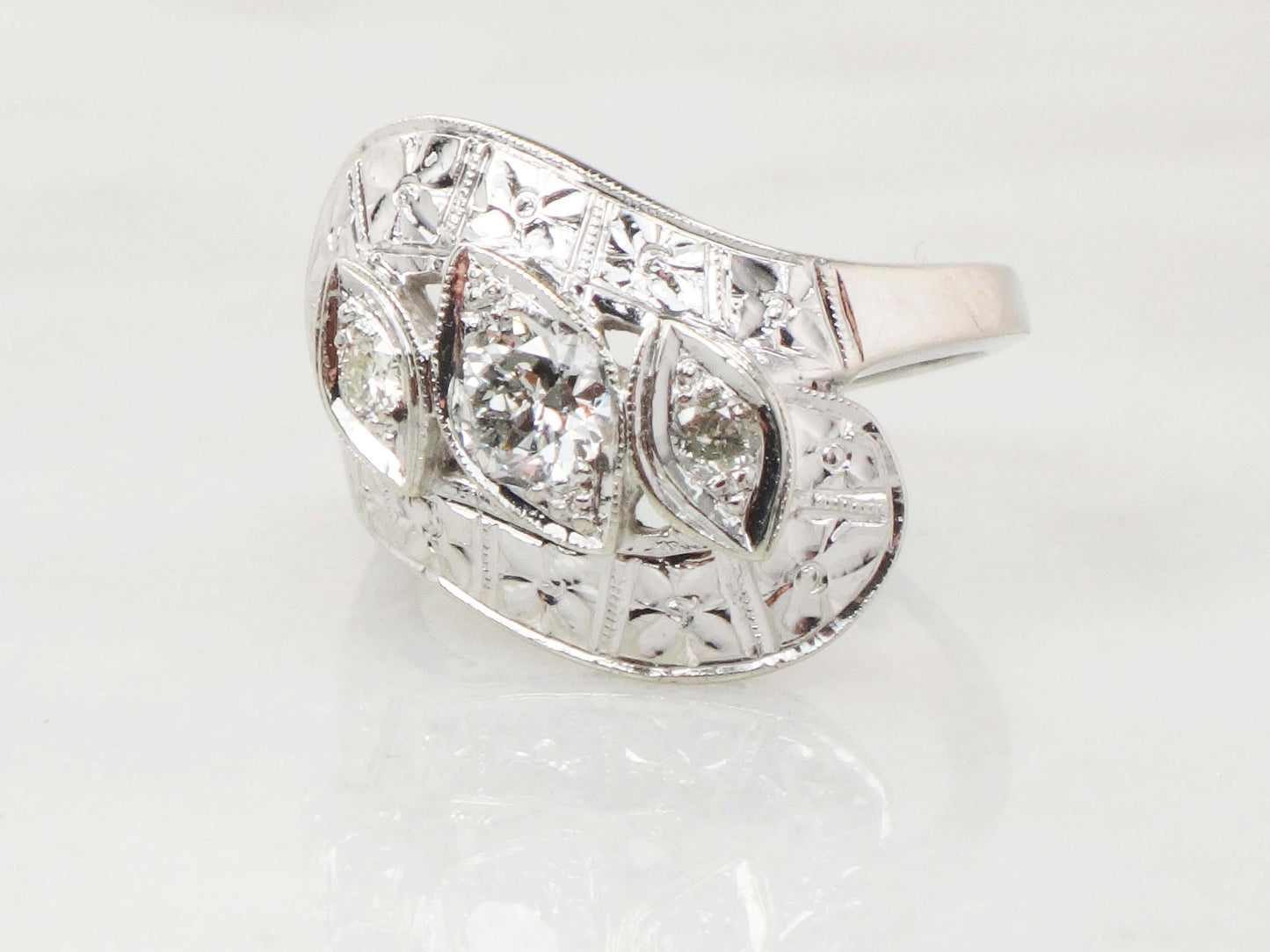 Vintage 14k White Gold Natural Diamond Orange Blossom Ring Circa 1940s Alternative Engagement Ring