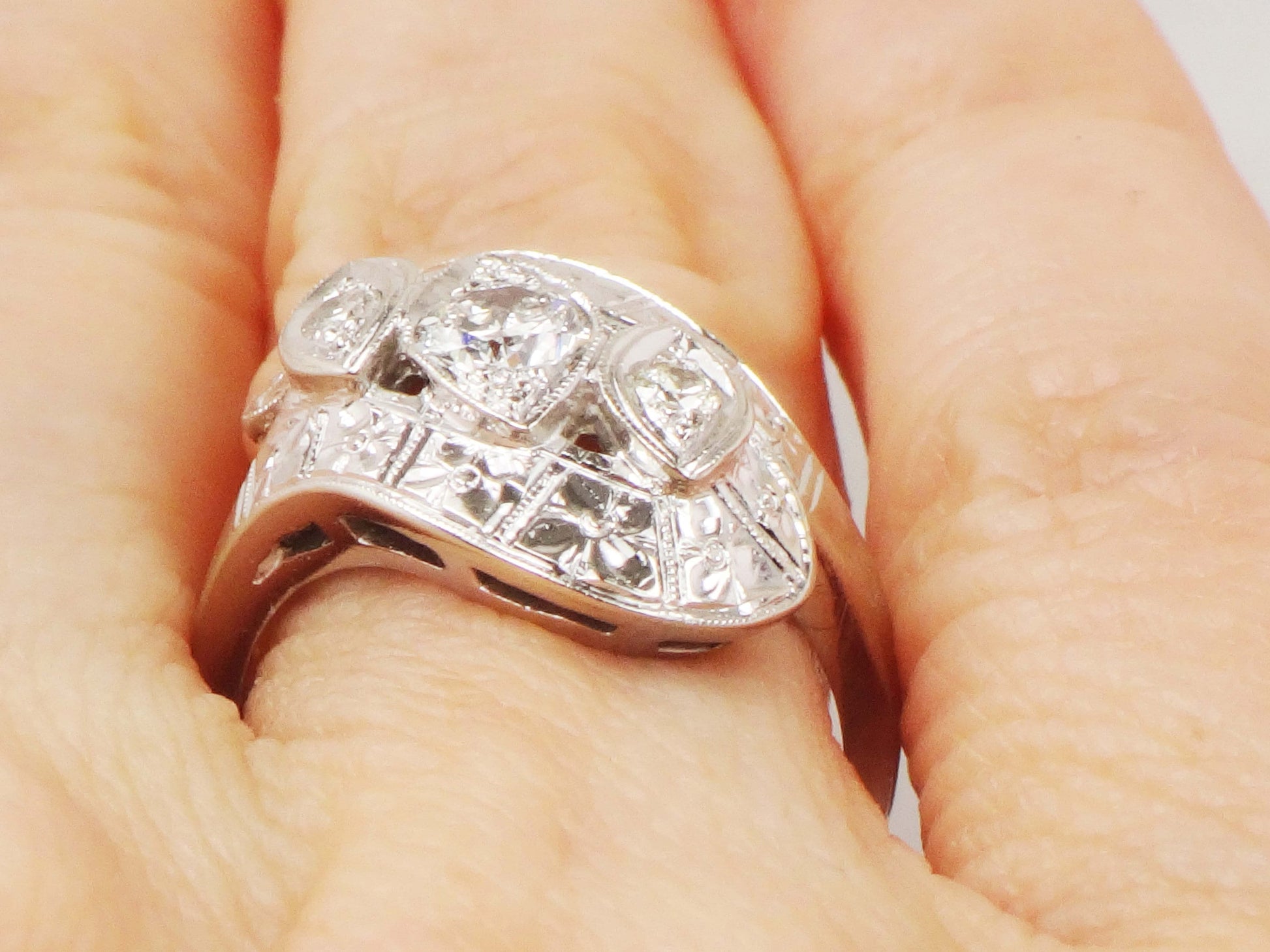 Vintage 14k White Gold Natural Diamond Orange Blossom Ring Circa 1940s Alternative Engagement Ring