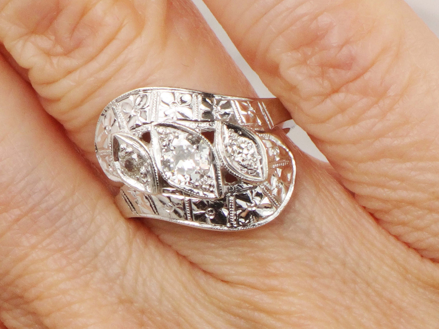 Vintage 14k White Gold Natural Diamond Orange Blossom Ring Circa 1940s Alternative Engagement Ring
