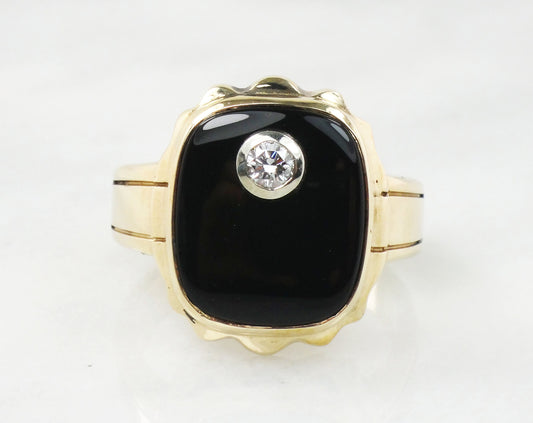 Vintage 10k Yellow Gold Natural Diamond and Black Onyx Ring Men's .20 CT Diamond Ring Size 10 3/4