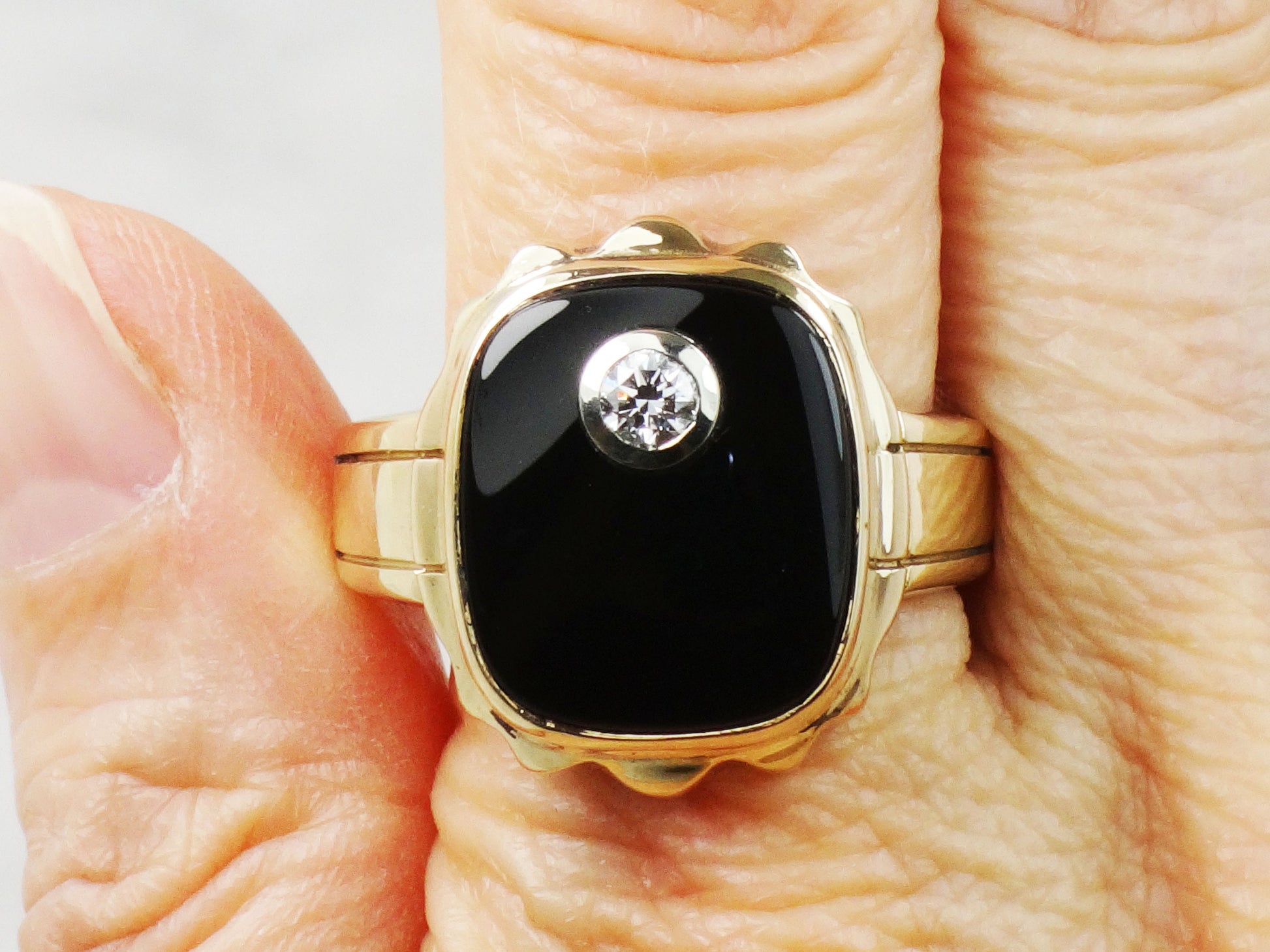 Vintage 10k Yellow Gold Natural Diamond and Black Onyx Ring Men's .20 CT Diamond Ring Size 10 3/4