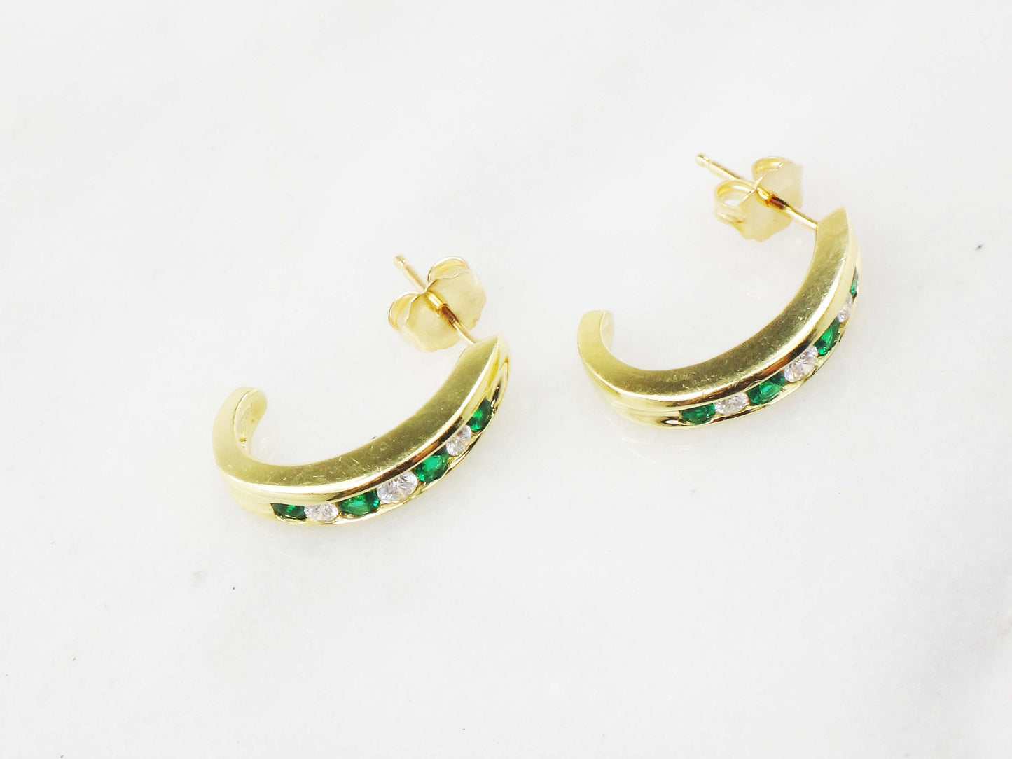 Vintage 18k Yellow Gold Natural Diamond and Emerald Green Glass Earrings Half Hoop Diamond Earrings May Birthstone Earrings