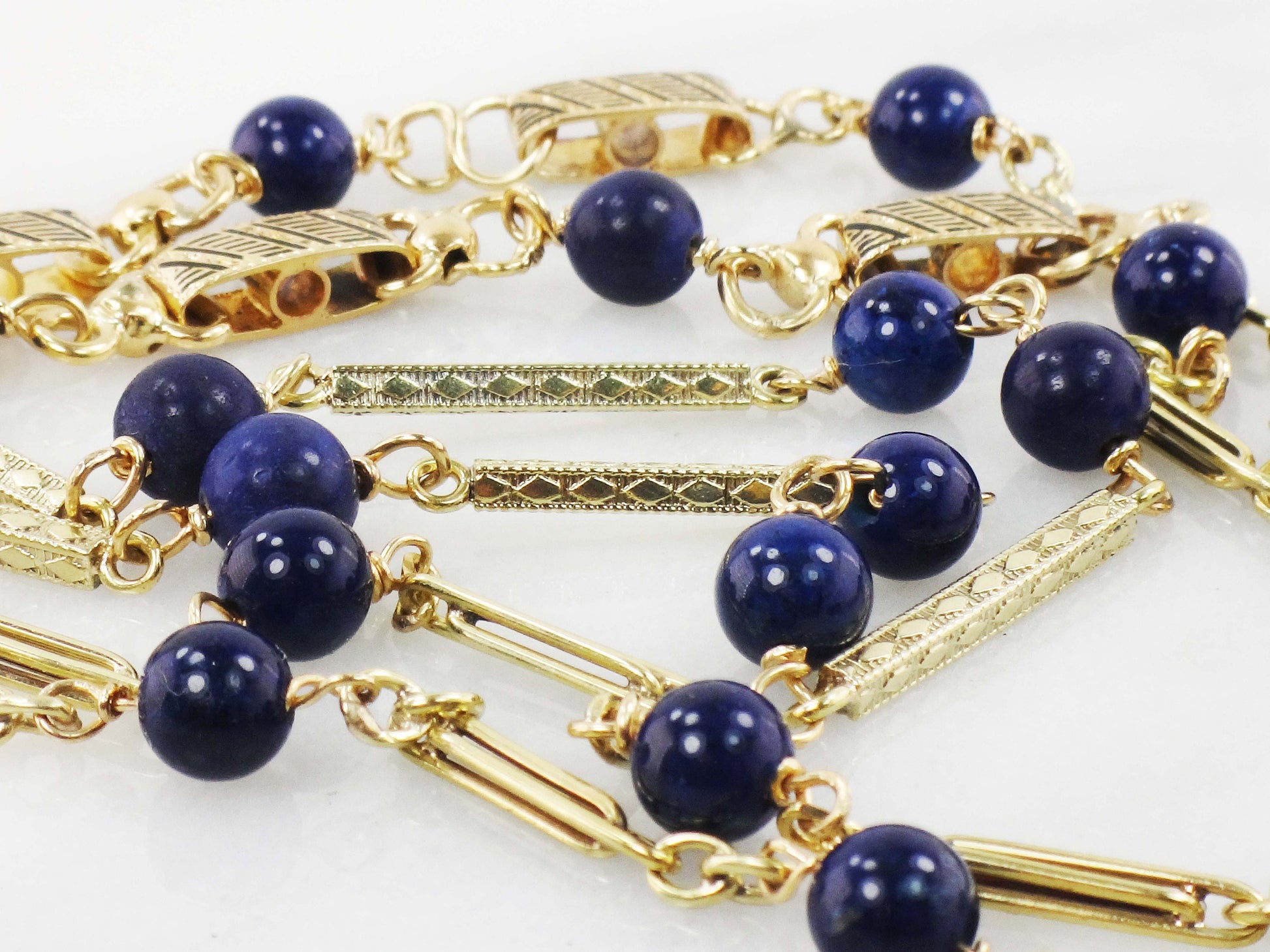 Vintage 14k Yellow Gold Lapis Lazuli Necklace Long Fancy Link Chain - Blue Lapis Station Necklace - 26.75"