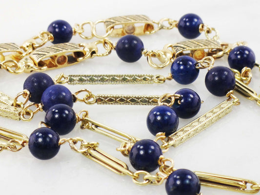 Vintage 14k Yellow Gold Lapis Lazuli Necklace Long Fancy Link Chain - Blue Lapis Station Necklace - 26.75"