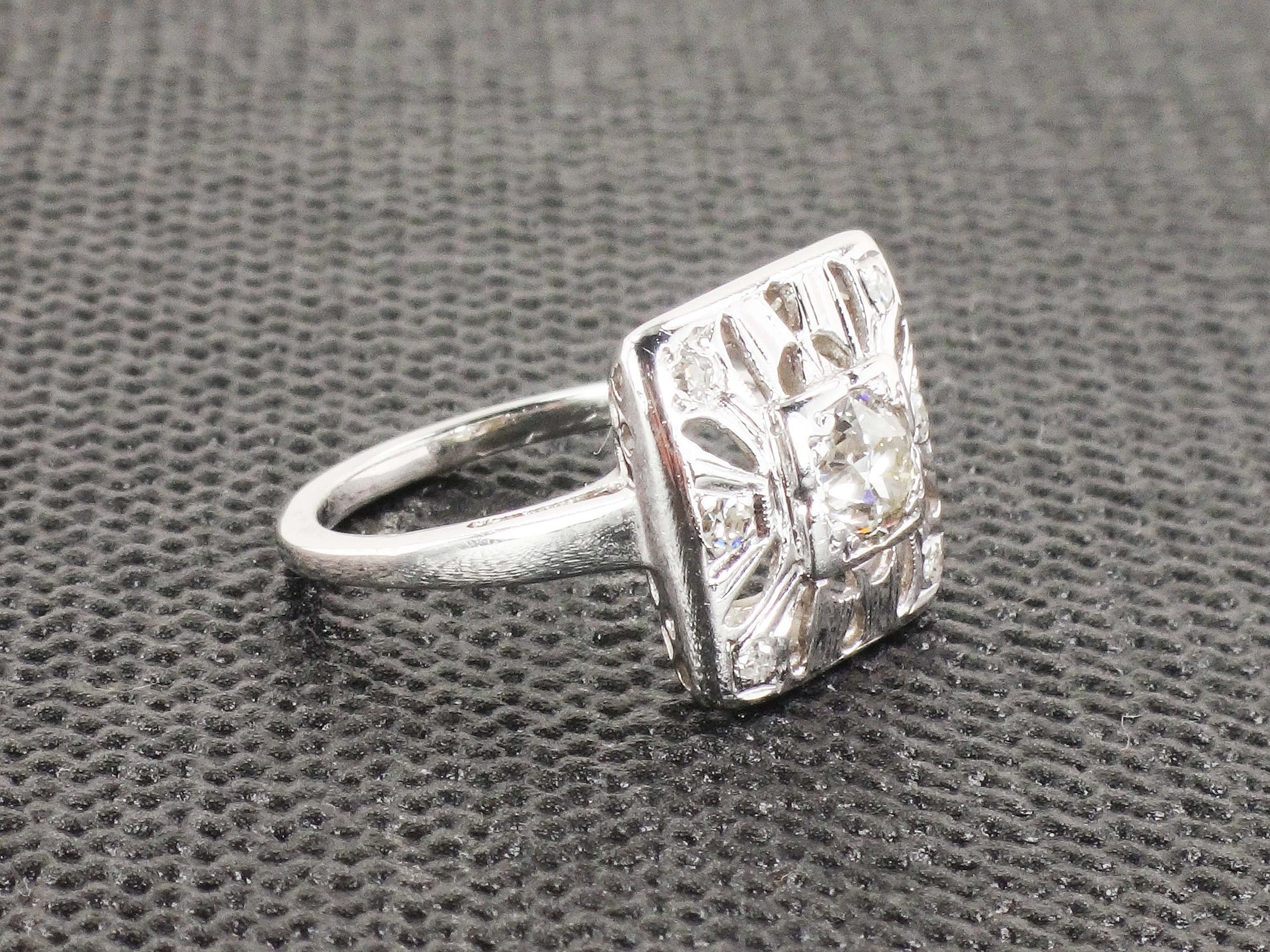 Vintage 14k White Gold Old European Cut Natural Diamond Ring Art Deco Diamond Ring Approx .50 Carat Center Diamond