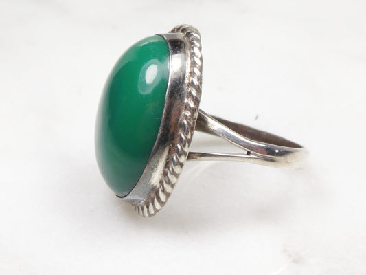 Vintage Sterling Green Stone Ring Large Sterling Silver Glass Ring Faux Jade Ring Mexico Silver Ring Southwestern Ring Statement Ring