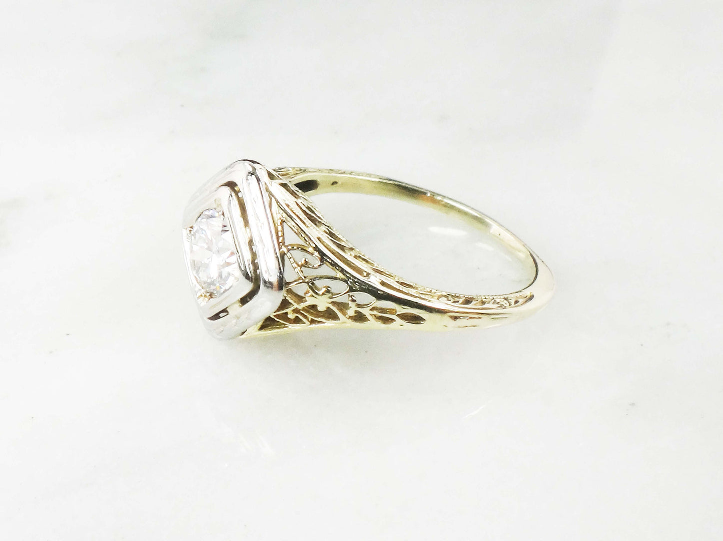 Antique 14k Gold Diamond Engagement Ring: Art Deco Filigree, Circa 1930
