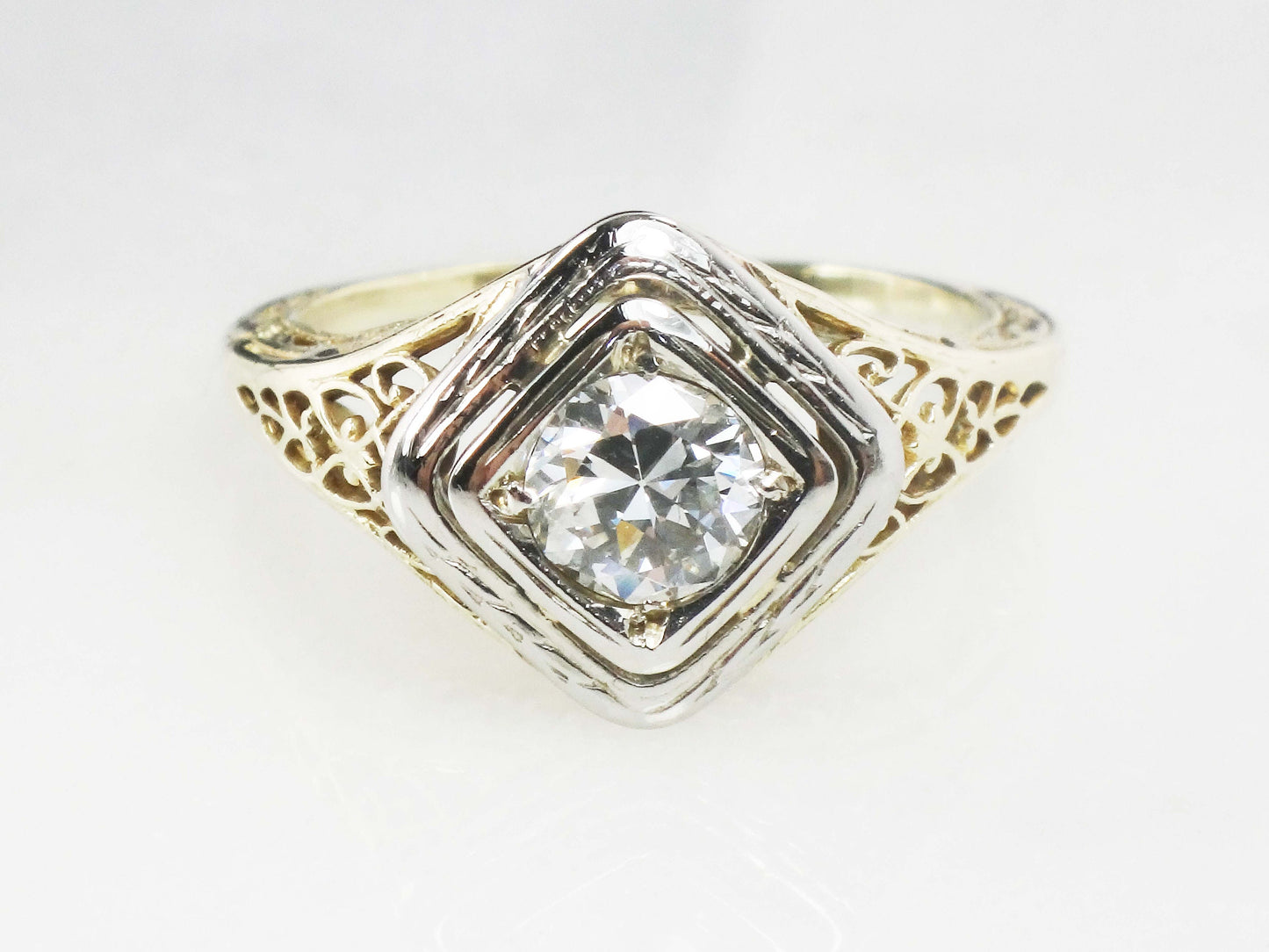 Antique 14k Gold Diamond Engagement Ring: Art Deco Filigree, Circa 1930
