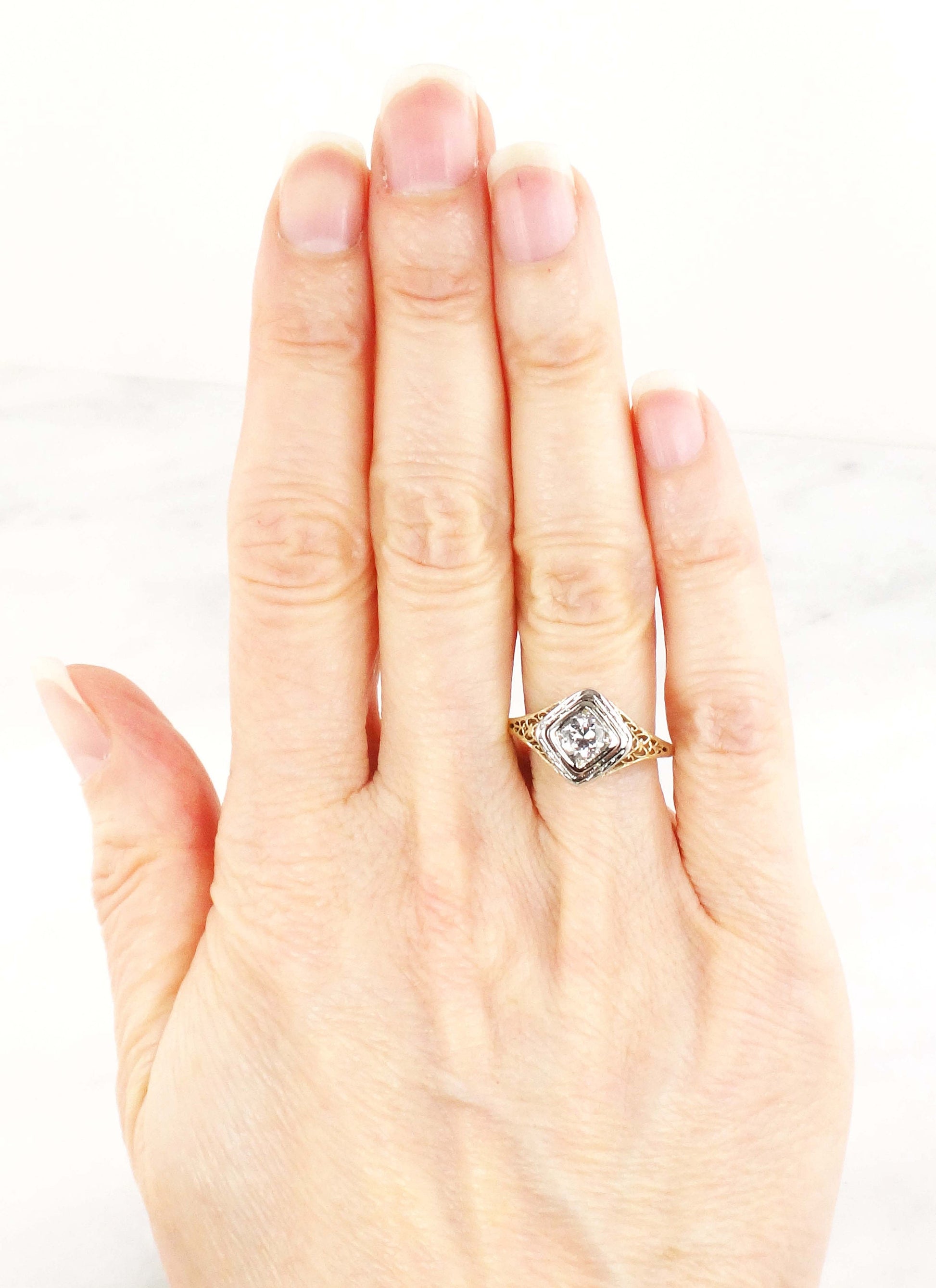 Antique 14k Gold Diamond Engagement Ring: Art Deco Filigree, Circa 1930