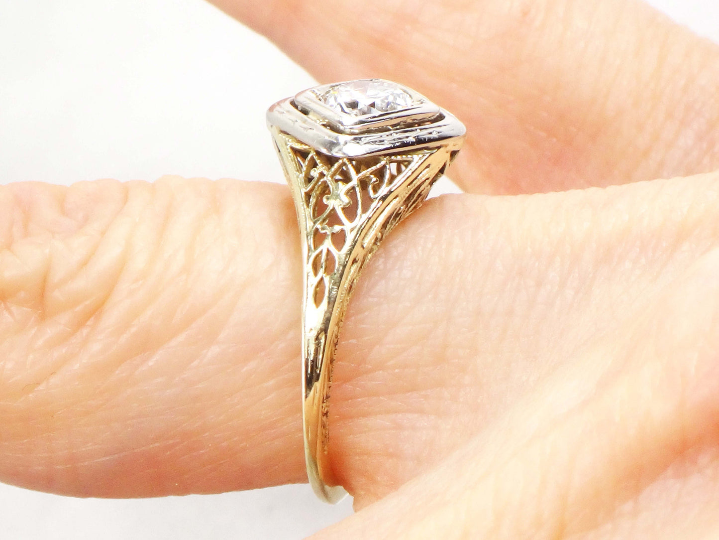 Antique 14k Gold Diamond Engagement Ring: Art Deco Filigree, Circa 1930