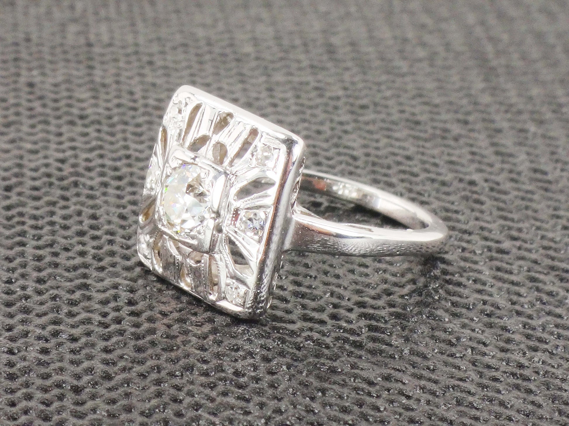 Vintage 14k White Gold Old European Cut Natural Diamond Ring Art Deco Diamond Ring Approx .50 Carat Center Diamond