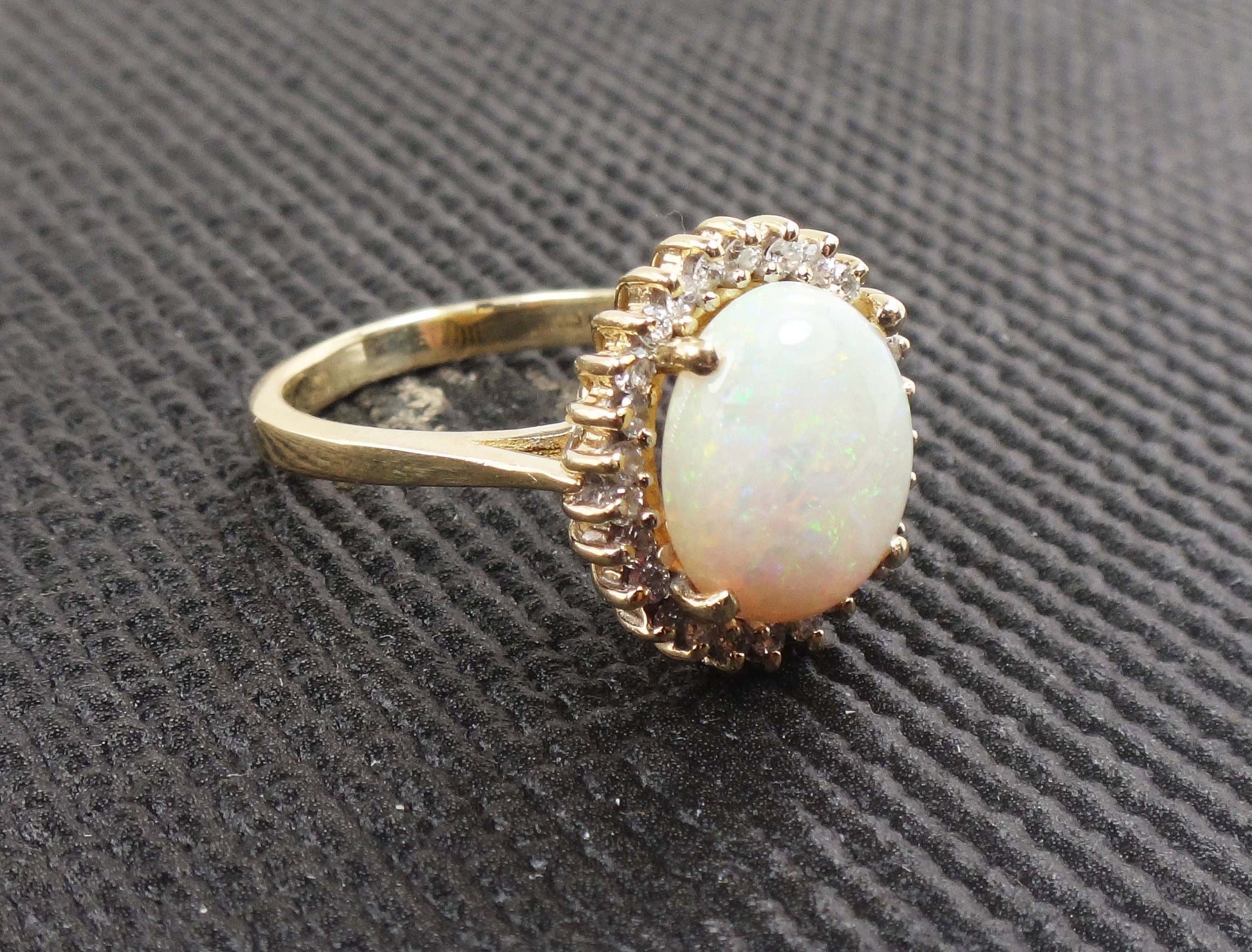 Vintage 14k Yellow Gold Natural Opal Ring with Diamond Halo Australian Opal Ring October Birthstone